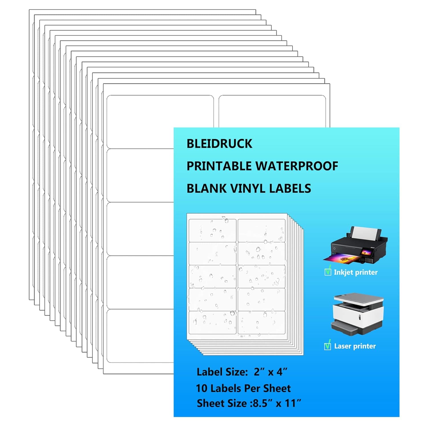 Bleidruck 10 UP Shipping Labels 2"×4" Glossy White Printable Waterproof Bottle Lables Rectangle Vinyl Sticker Paper for Inkjet or Laser Printer 150 Total Adhesive Labels