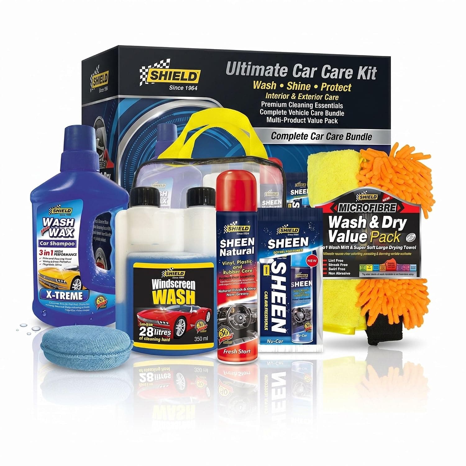 Shield Premium Car Care Detailing Wash and Shine Cleaning Kit 6-Pieces