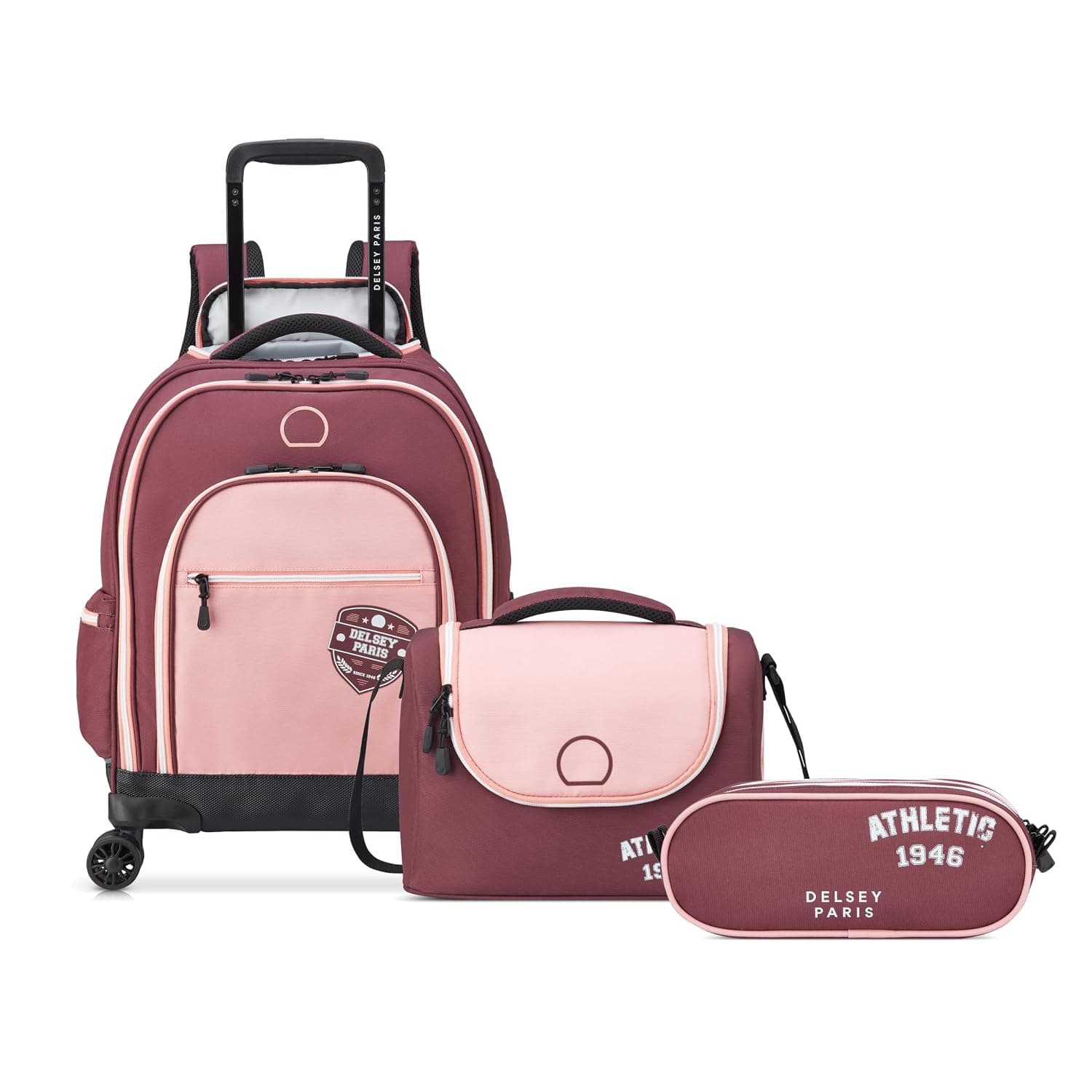 Academie 3-Piece Kids School Trolley Wheeled Backpack + Pencil Case + Lunch Bag (Set of 3pcs) - Plum