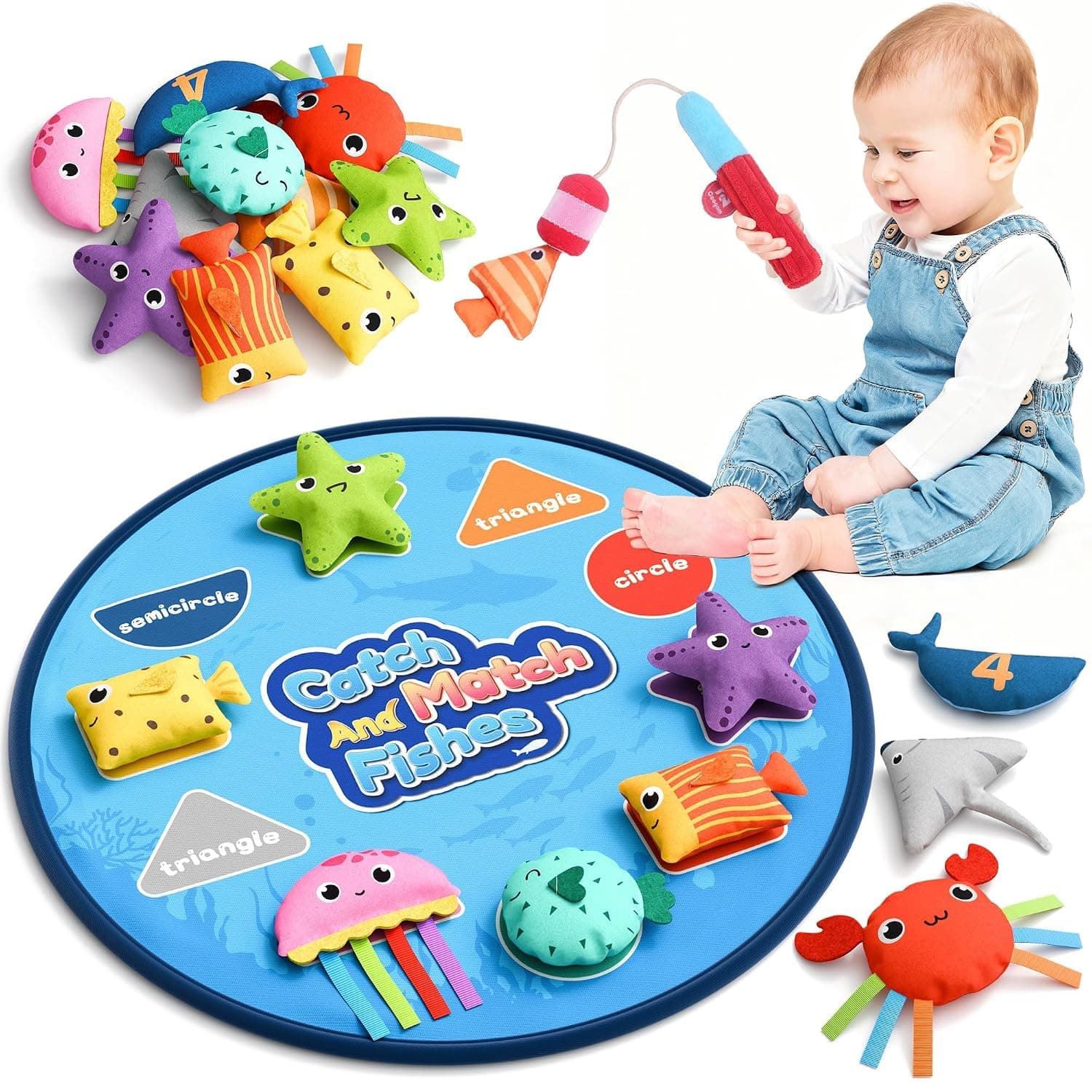 Coogam Montessori Fishing Toys for 6M+ Year Old Toddler Preschool | Color Shape Sorting Matching Game with Double-Sided Cloth Mat, Sea Animals, Pole - Baby Educational Birthday Gift