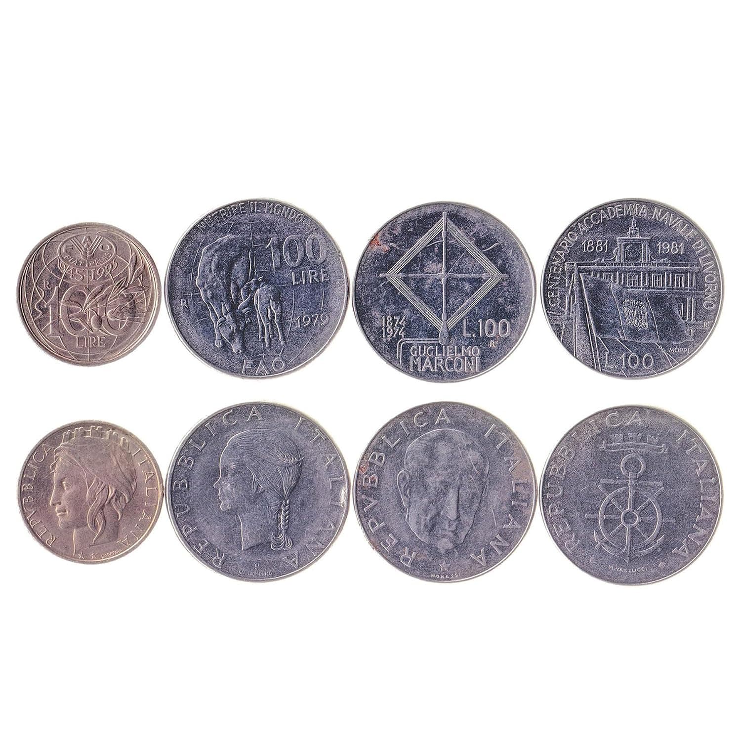 HOBBY OF KINGS 4 Coins from Italy | Italian Coin Set Collection 100 Lire | Circulated 1974-1995 | Wheat Sprig | Cow | Livorno Naval Academy | Guglielmo Marconi