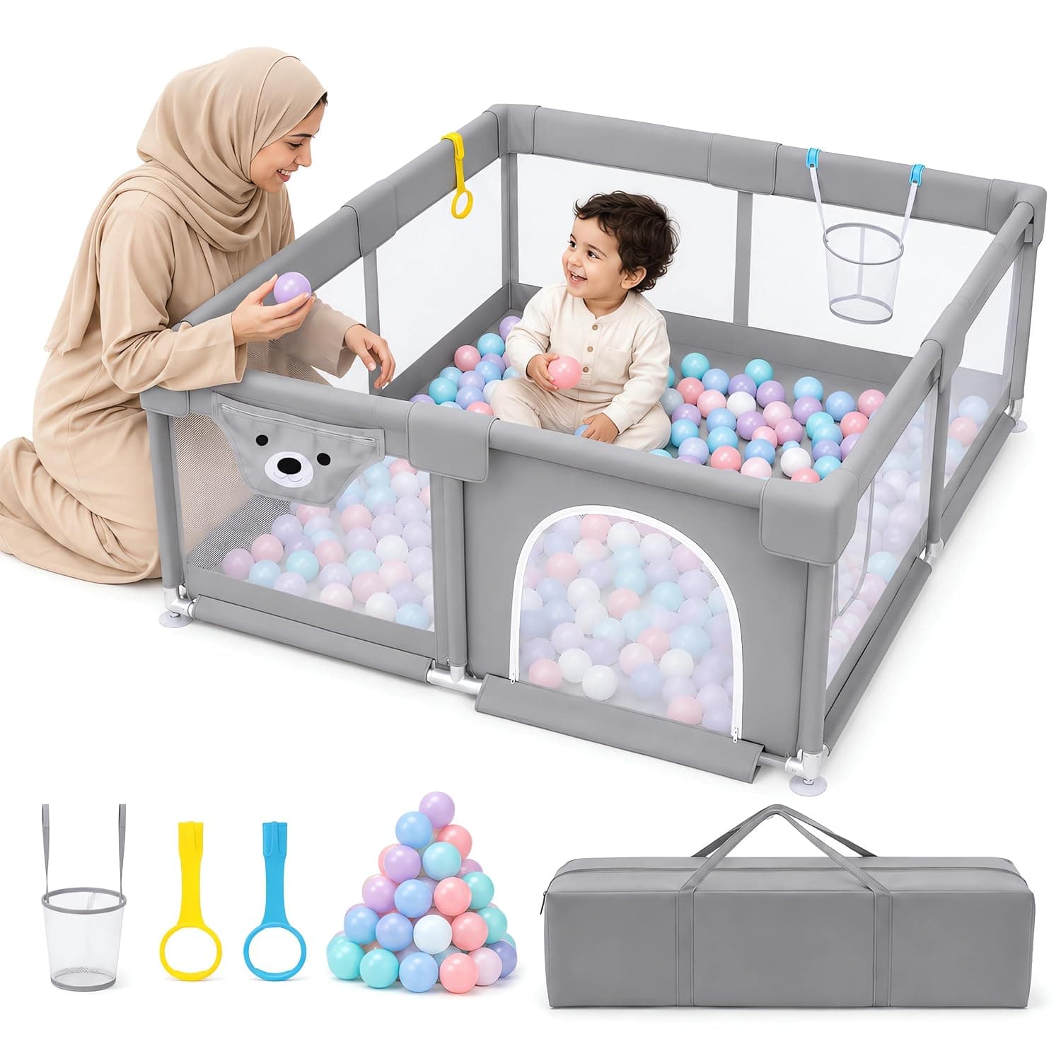 Baby Playpen with Mat, 200x180cm Large Playpen for Babies and Toddlers, Portable Play Pen with Door, Suction Cups, Breathable Mesh & Foam Bumper Safety