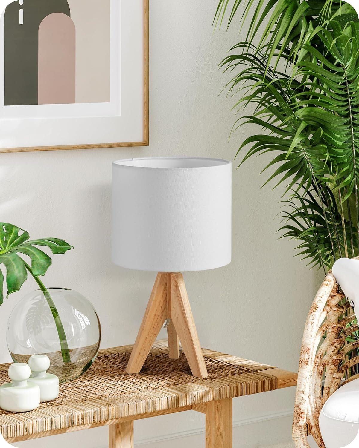EDISHINE 36cm Wooden Table Lamp, Tripod Bedside Lamp with Linen Lampshade