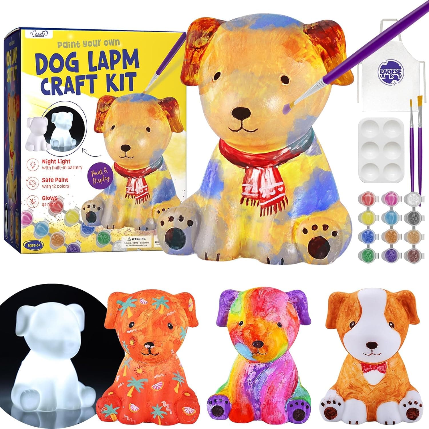 ONE TO FOUR Paint Own Dog Lamp Kit, Art Supplies Arts & Crafts Kit, Painting kit for Kids 6-12, Arts and Crafts for Kids Ages 8-12, Toys Girls Boy Birthday Gift Ages 6 7 8 9 10 11 12+