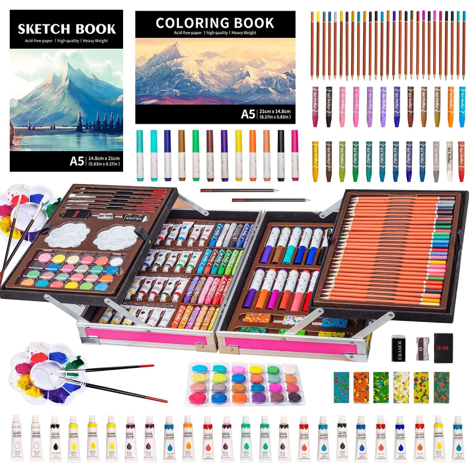 KINSPORY 139 Pack Art Kits, 2 Sketch Books, Deluxe Art Set Crafts, Watercolor Pens, Colored Pencils, Oil Pastels, Paints, Painting Drawing Coloring Gift for Artists Kids Girls (Pink)