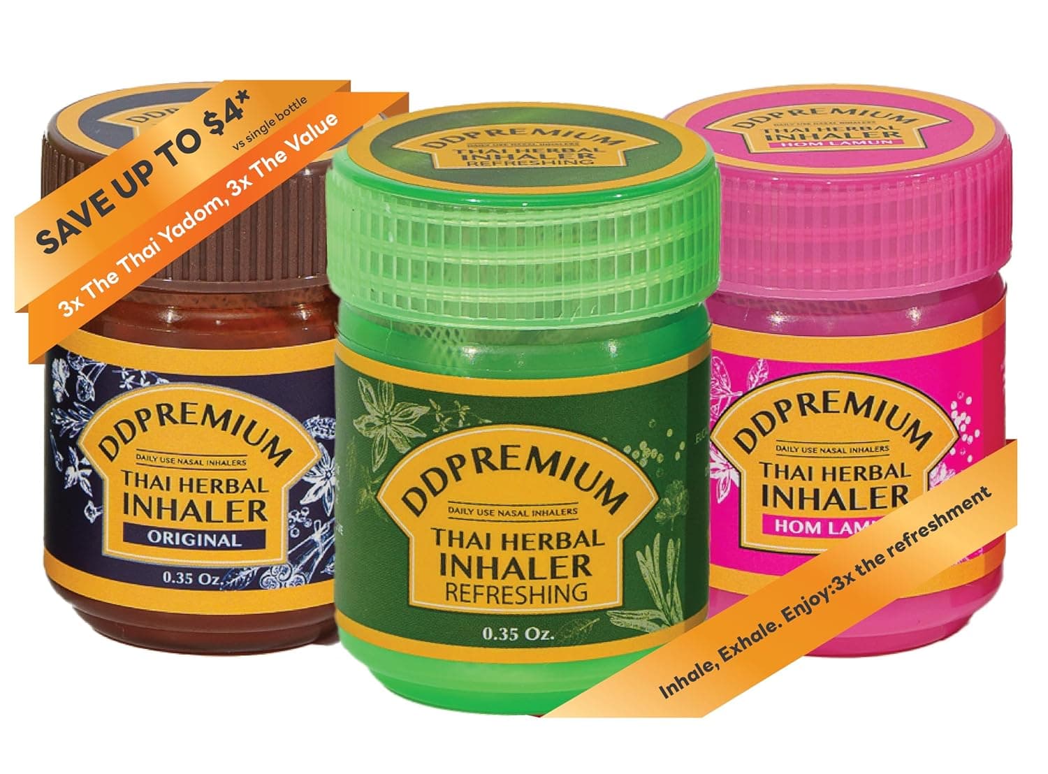 Herbal Inhaler with Menthol & Essential Oil - Yadom Refreshing, HOM Lamun, Original Formula 3 Pack