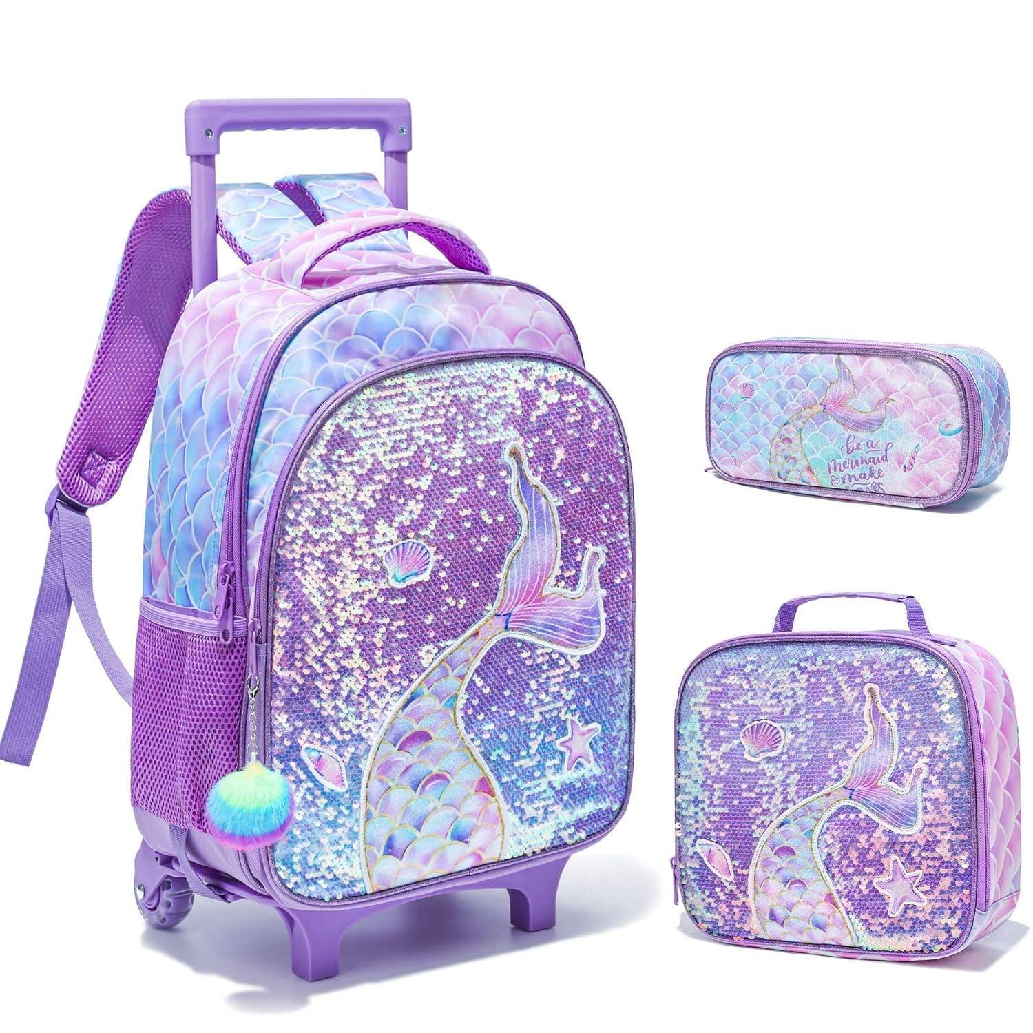 Backpack with Wheels for Girls, Rolling Backpack Cute Carry, Kids Sequin Wheeled Bookbag With Lunch Box and Pencil Case, Elementary Student Teen Girls School Bag
