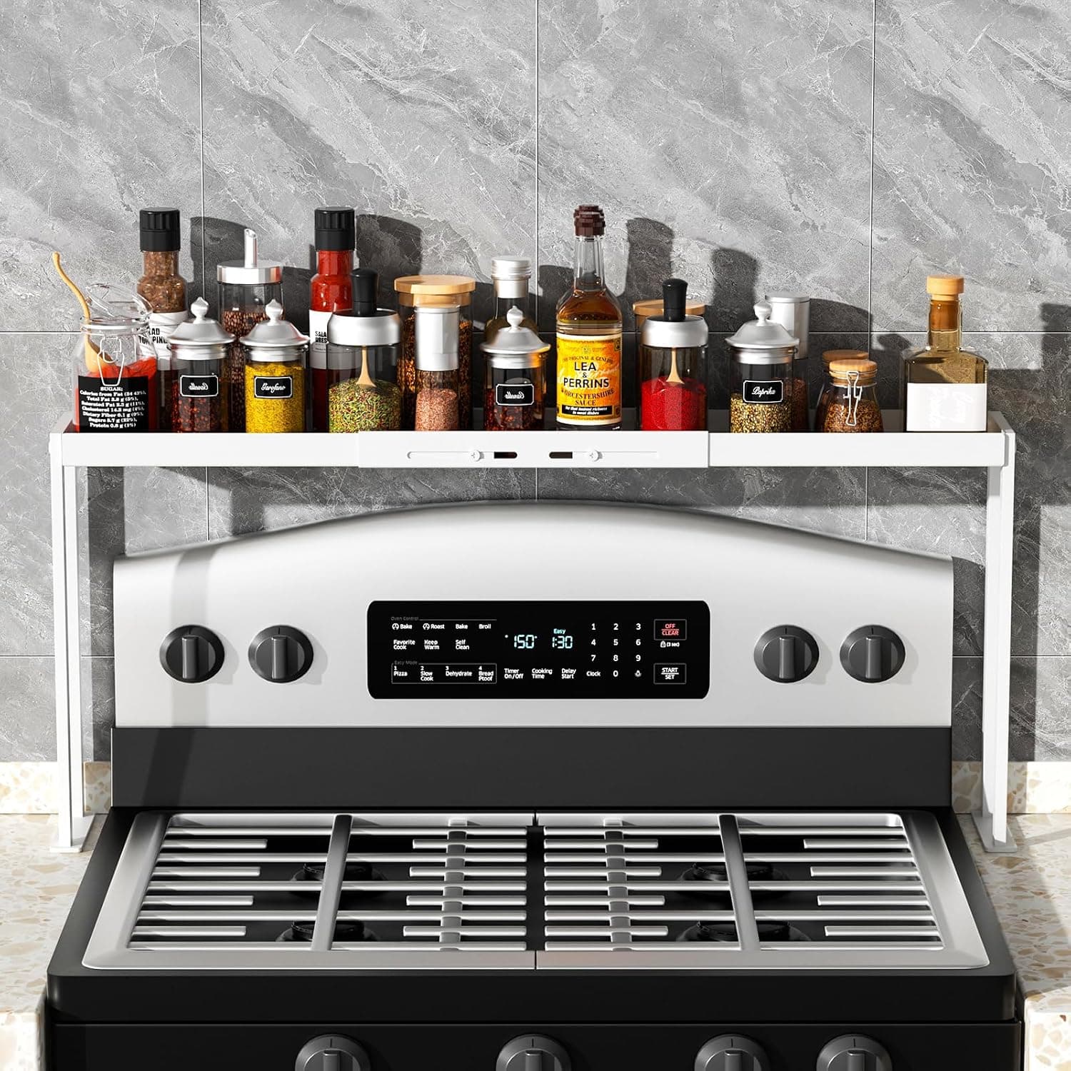 BOIVSHI Stove Top Shelf, Metal Stove Rack Shelf for Back of Stove, White | Over the Stove Spice Rack, Over Stove Spice Rack Adjustable 27-33 inch for Kitchen Stove, Oven, Sink Spice Organizer