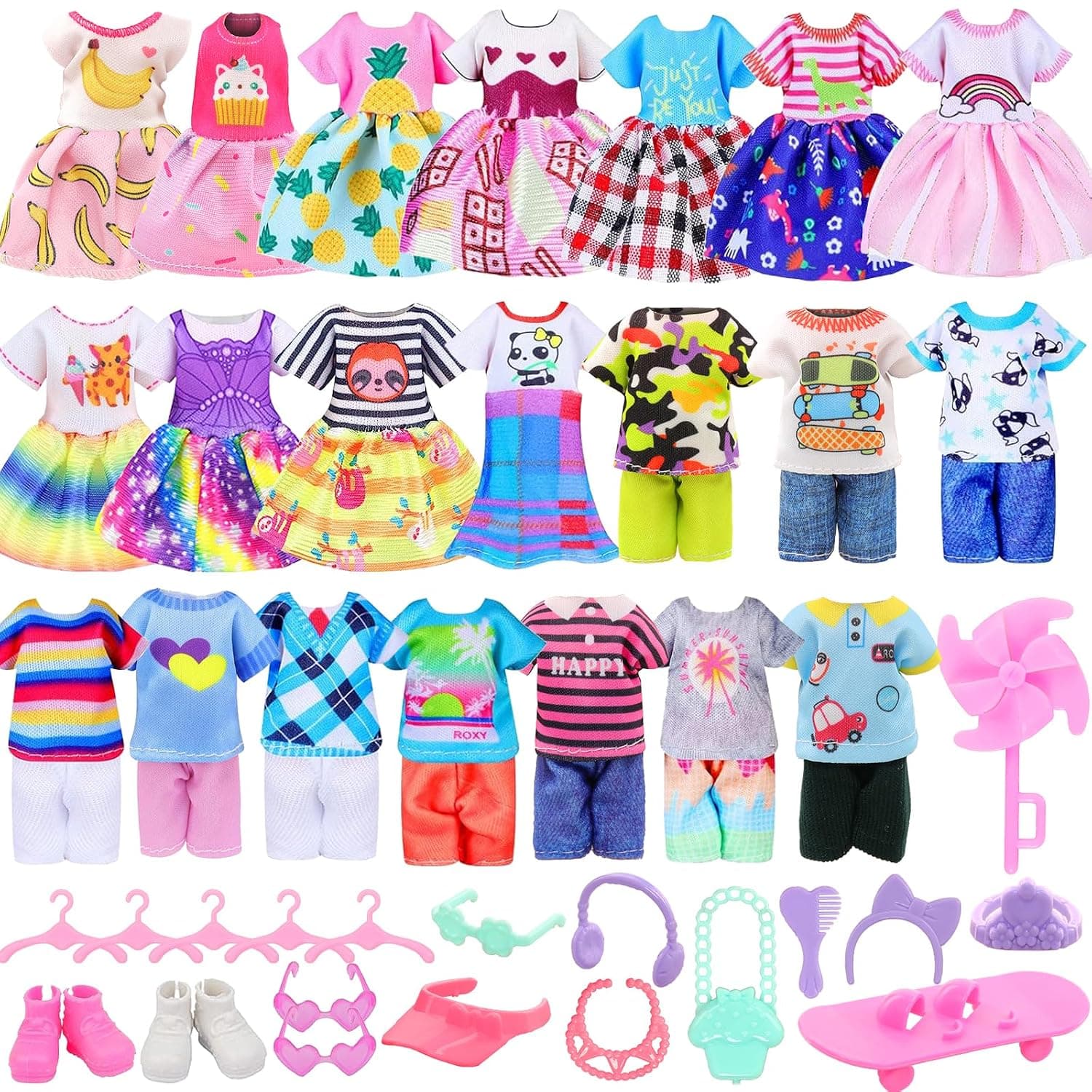 26 PCS for Mini 6 Inch Doll Clothes and Life Accessories | Include 4 Tops, 4 Pants, 4 Dresses, 2 Shoes, Pink Sunglasses 1 Skate and 14 Life Accessories for 5.3 - 6 Inch Dolls