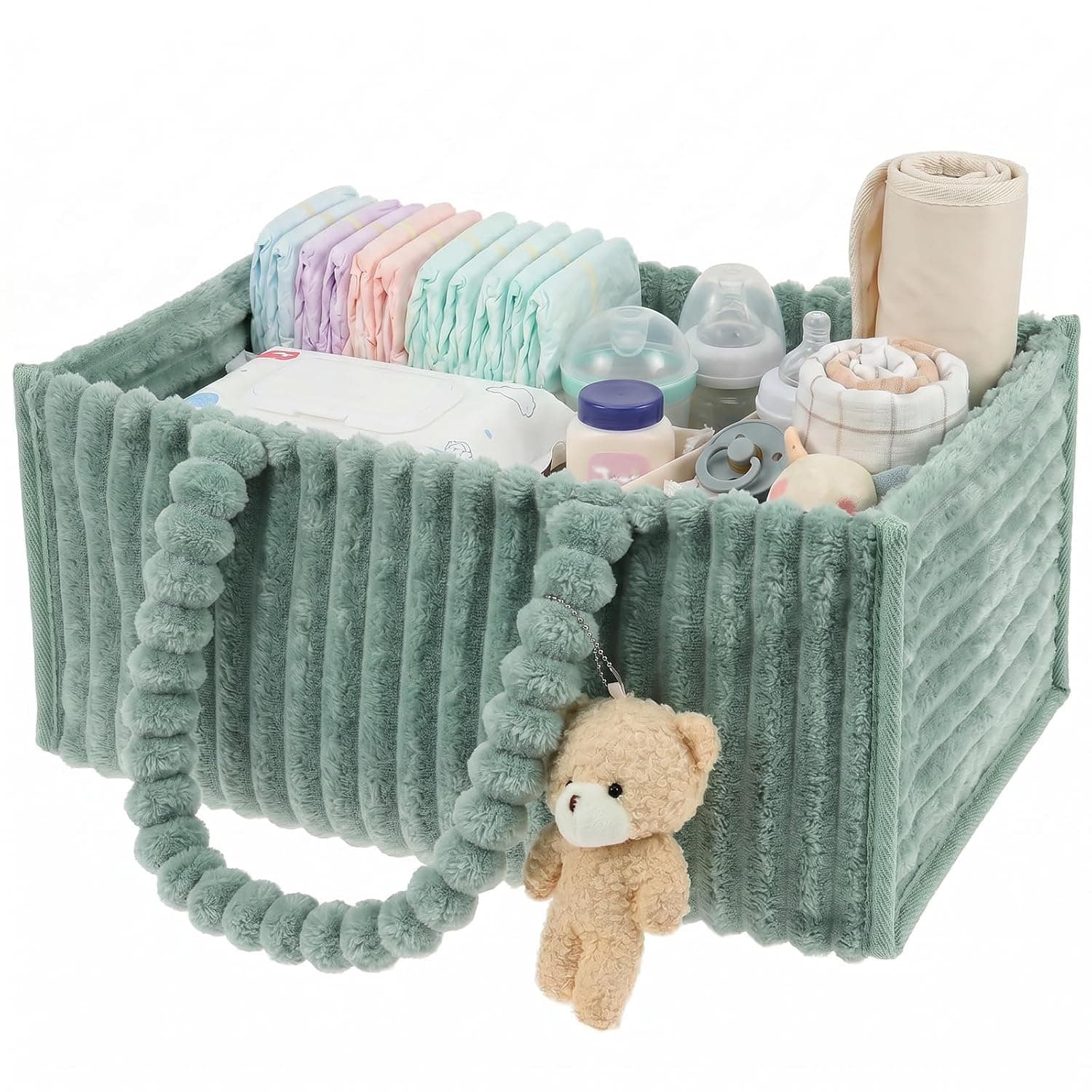 Nappy Caddy Organiser Plush Baby Storage Box with Bear Pendant (Green)