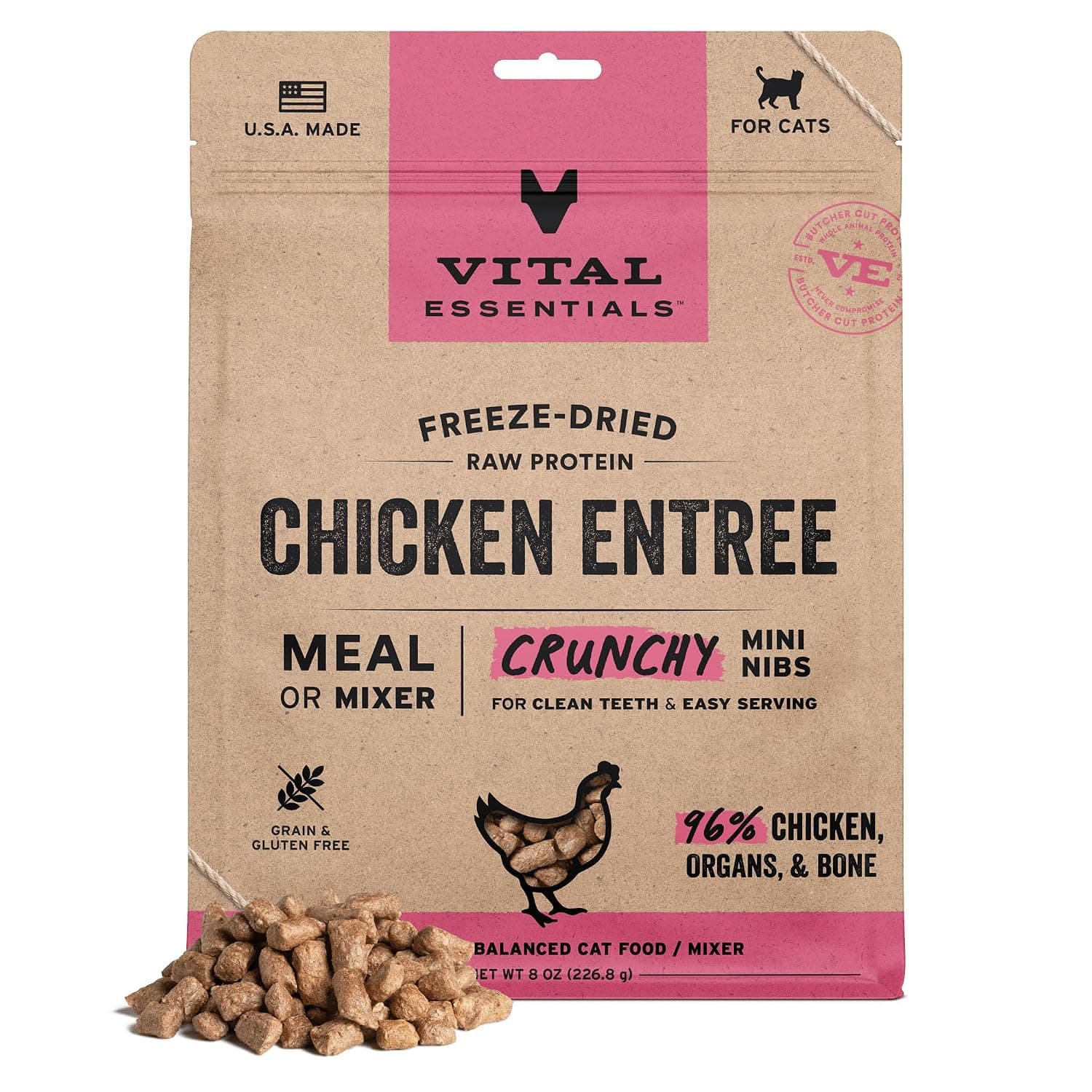 Vital Essentials Freeze Dried Raw Cat Food, Chicken Mini Nibs Entree, 8 oz | Crunchy, Complete Meal or Topper, Made With 96% Chicken, Organs & Bone, High Protein Raw Nutrition, Grain-Free Recipe