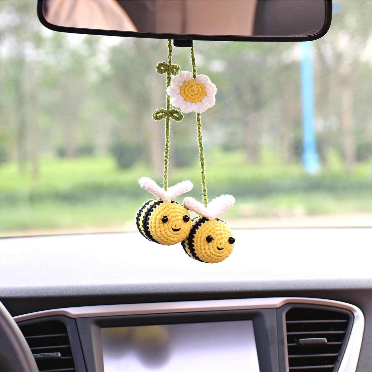 Crochet Bumblebee Rear View Mirror Hanging Ornament | Handmade Cute Car Interior Accessory Decoration | Universal Charm for Vehicle Decor, Bag, or Home (175 characters)