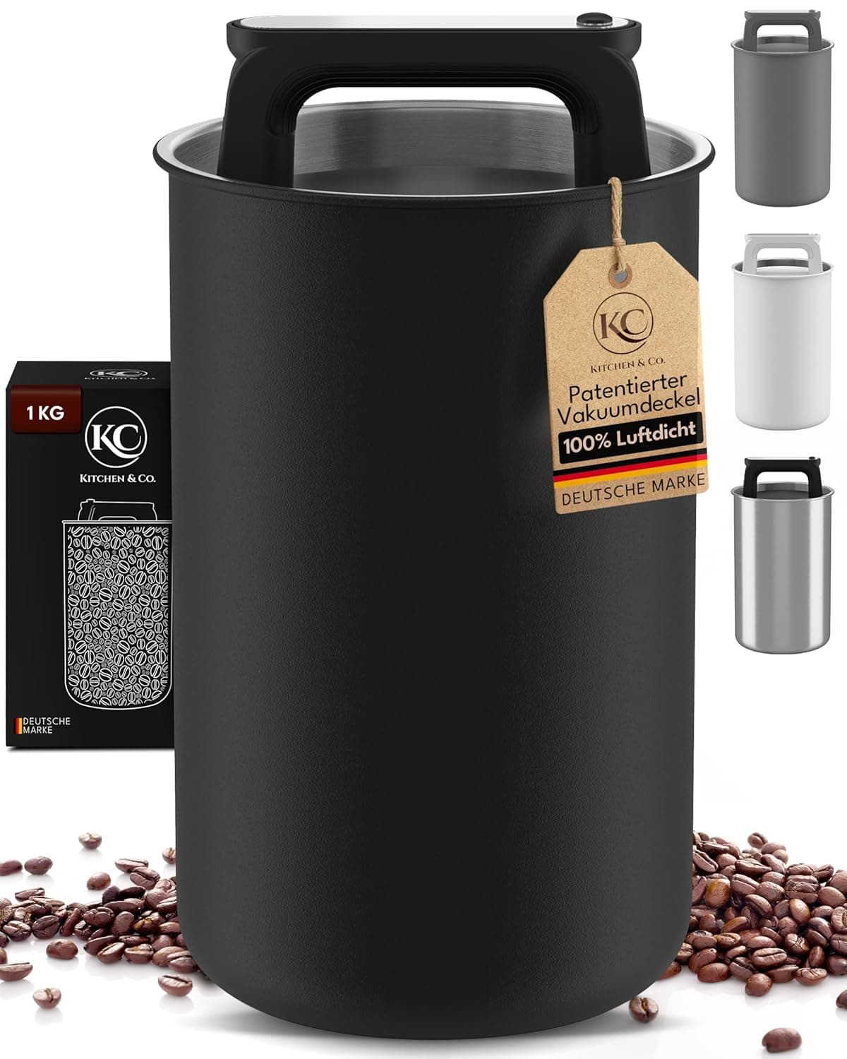 Airtight Coffee Canister for 1 kg Coffee Beans with Vacuum Lid (Container for Coffee, Tea, Stainless Steel Tin for Storage with Aroma Closure, Storage Jar for 1000 g Coffee) Matte Black (2800 ml)