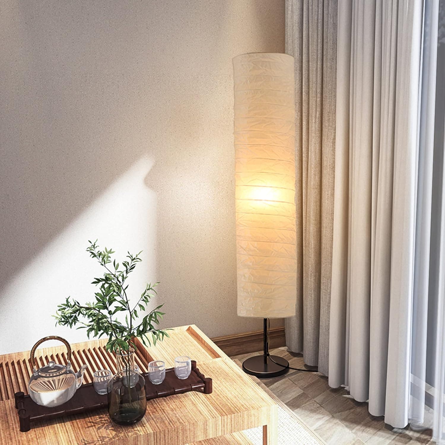 Home Stylo Modern Floor Lamp With Fabric Lampshade – 116 Cm Tall Standing Lamp For Living Room, Bedroom, Office, Study, Outdoor Use – Beige Shade, Minimalist Design - Remote & APP Control - Lamp