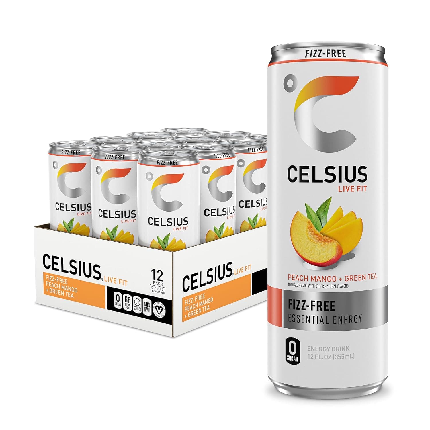 Celsius Fitness Drink, Non-Carbonated Peach Mango Green Tea, 200mg Caffeine, Zero Sugar, Slim Can, 355ml (Pack Of 12)
