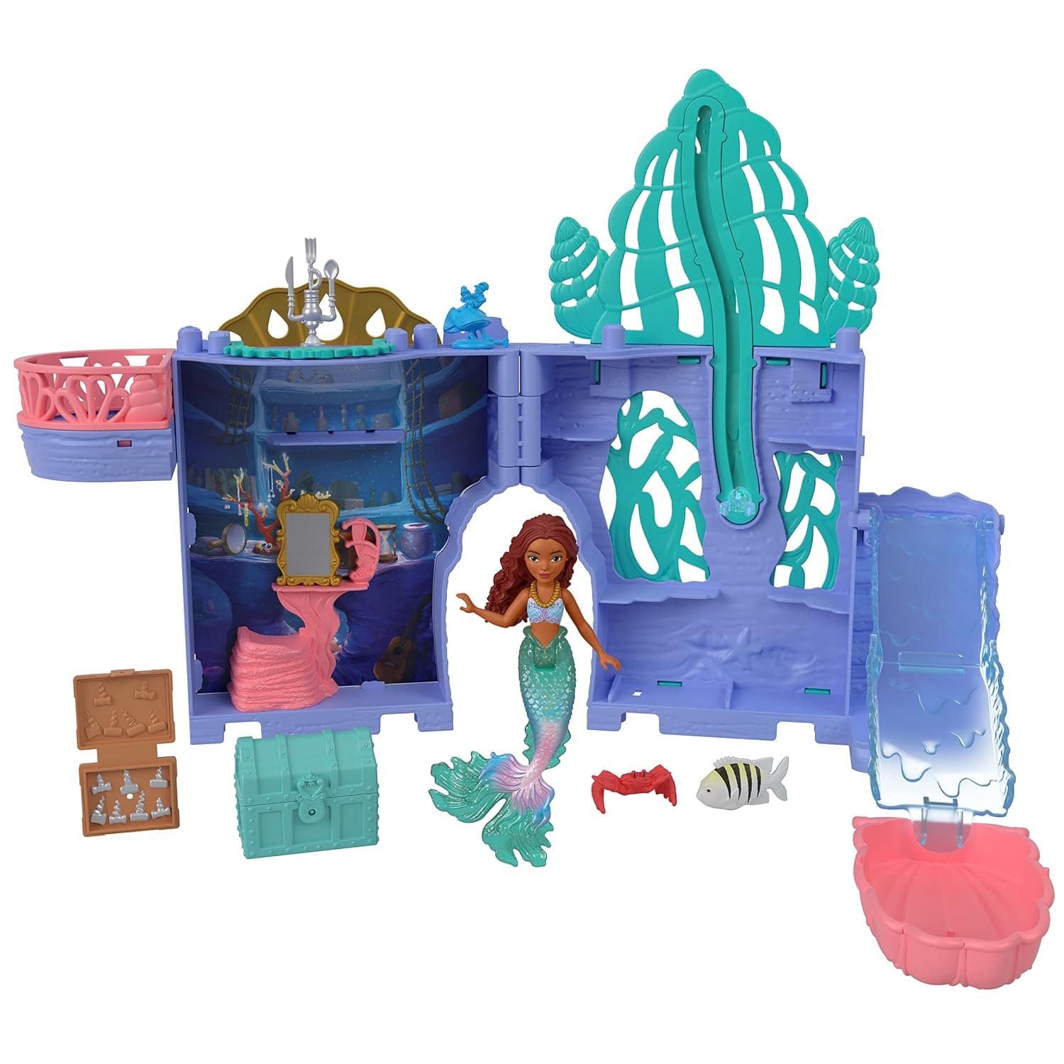 Mattel Disney HPL54 Ariel's Cave Stories Dollhouse Set with Sebastian Figurines and Duffel and Accessories, Children's Toy, From 3 Years Old