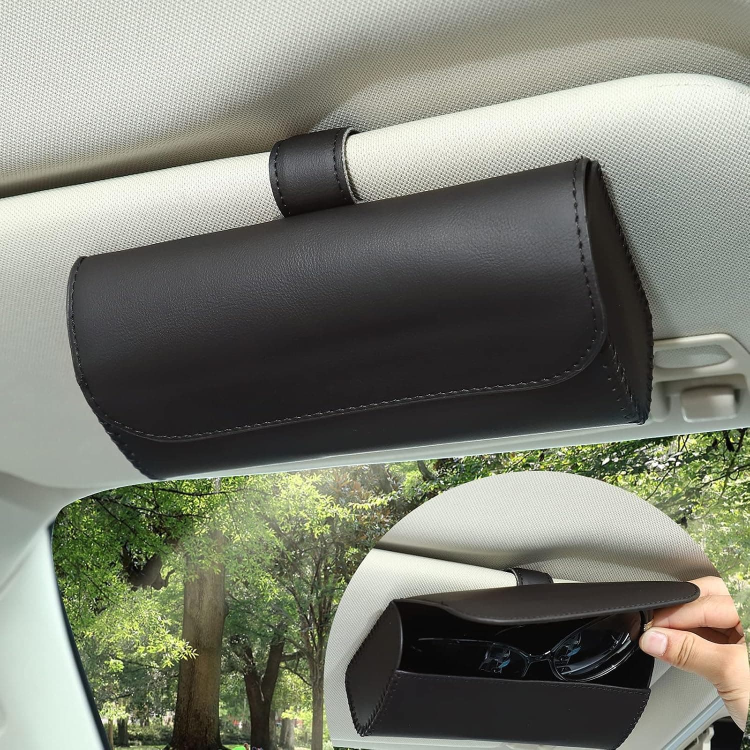 Xspring Car Visor Sunglasses Case, Sunglasses Holder for Car Sun Visor, Universal Car Sunglass Holder with Hidden Magnetic Closure, Leather Glasses Storage Case for Vehicle Visor Accessories
