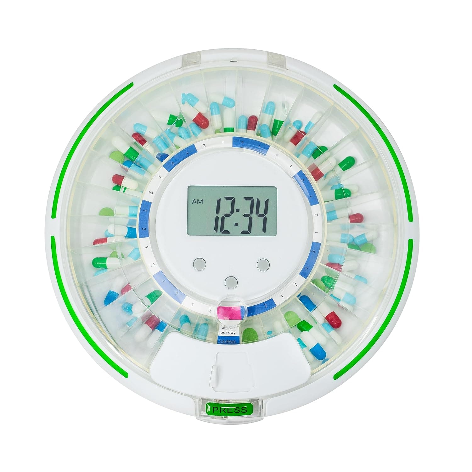Automatic Pill Dispenser for Elderly with Alarm, Lock 28-Day Medication Dispenser, 6 Dosage Templates, Sound & Light Alerts & Key for Vitamins, Supplements (Clear Lid)
