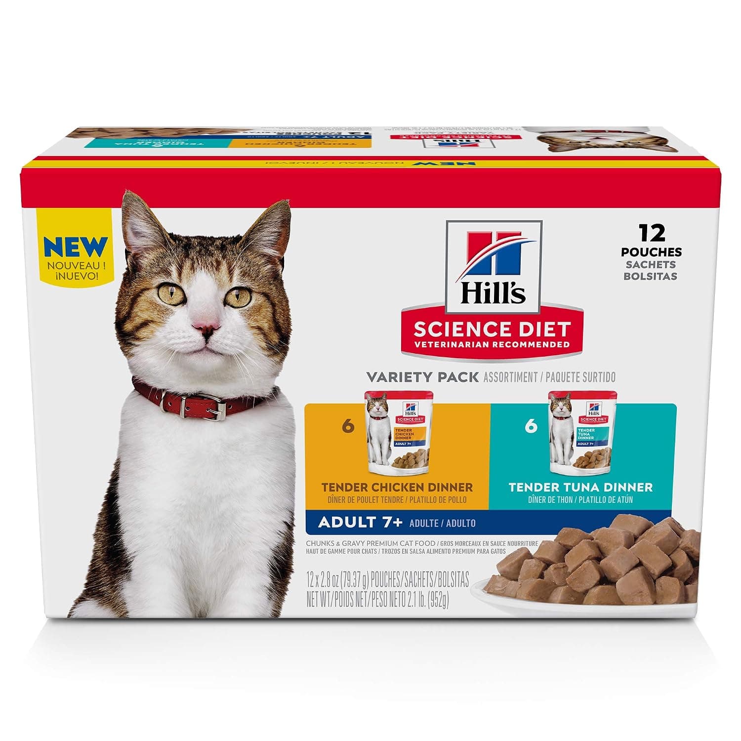 Hill's Science Diet Senior 7+ Wet Cat Food Pouch, Variety Pack Chicken and Tuna, 2.8 oz, 12 pk | #1 Veterinarian Recommended, Chicken & Tuna, 2.8 oz. Pouches, 12-Pack