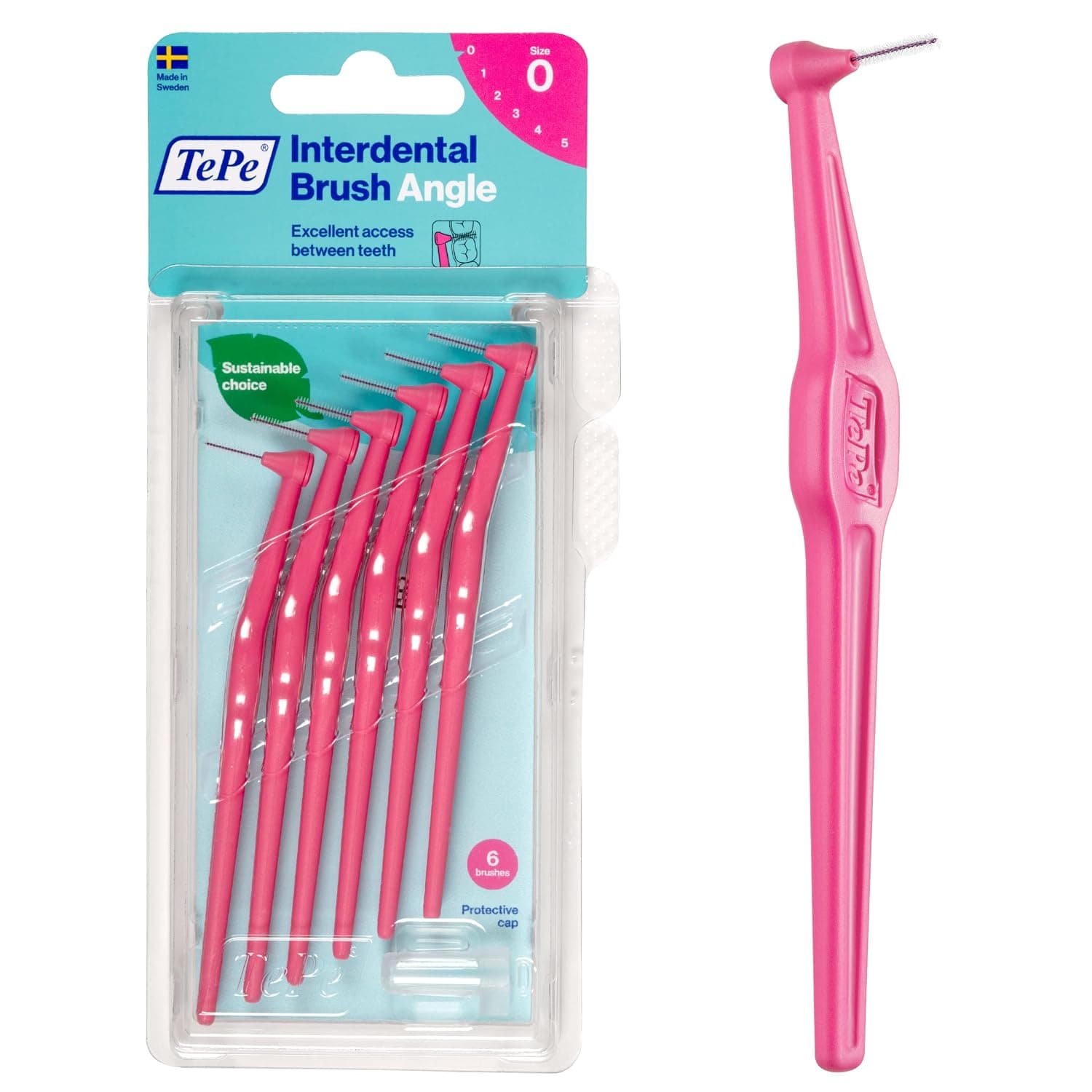 TePe INTERDENTAL BRUSH ANGLE - Pink 0.4mm 6 Pack - Recommended by Dentists for Best Oral Health, Healthy Mouth & Gums Between Dental Visits, Prevent Bad Breath and Periodontal Disease
