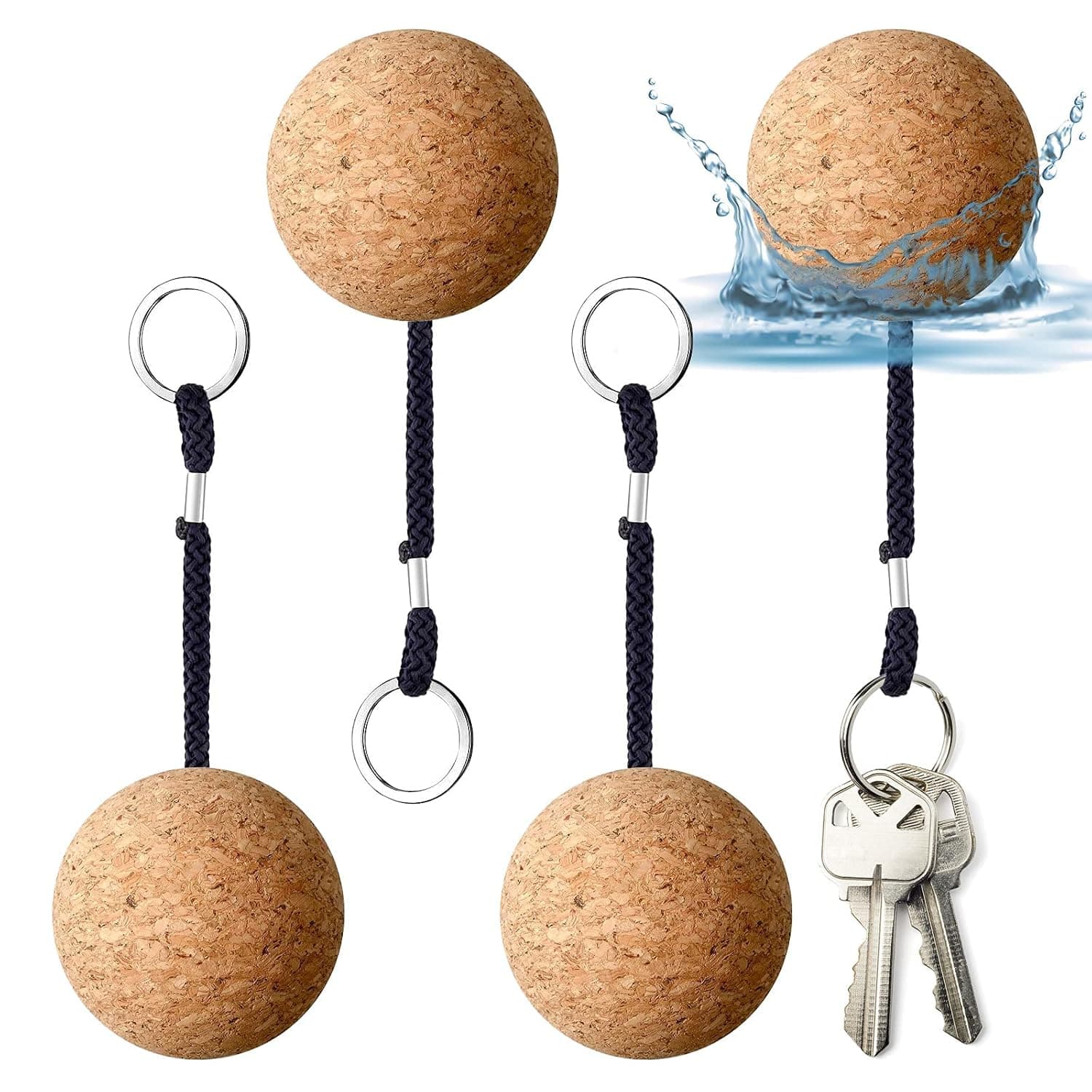 Floating Cork Keyrings, 4 Pcs 53mm Floatable Wooden Ball Key Chain Water Buoyant Key Ring Lightweight Water Sports Accessories for Swimming Diving Fishing Canoeing Sailing Kayaking Marine Boat