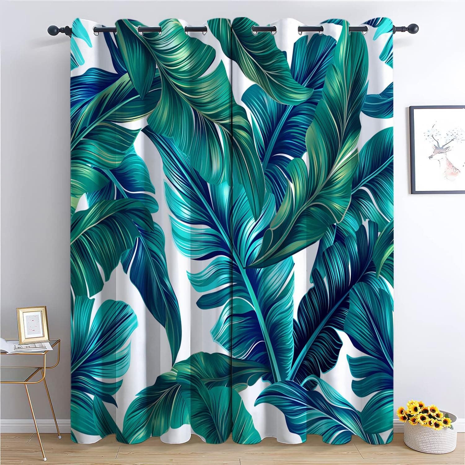Tropical Green Banana Leaves Eyelet Curtains - W66 x L90 inches Thermal Blackout & Soundproof for Bedroom Living Room Nursery - Home Decor Essentials