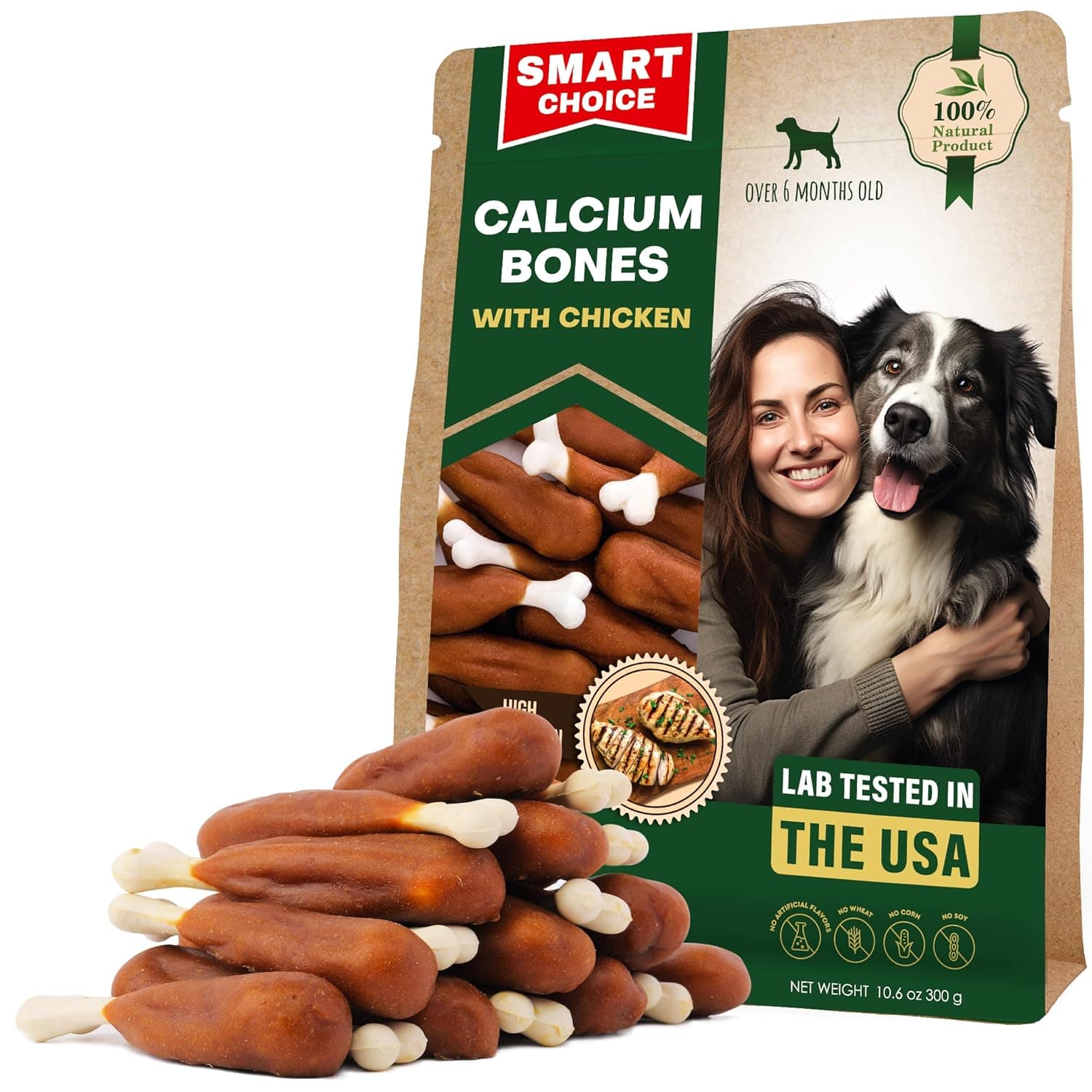 Dog Treats, Calcium Bones Wrapped Chicken & Rawhide Free Chew 10.6 Oz - Pet Healthy Dried Snacks & Grain Free Meat - Bulk Best Chews for Christmas, Training Small & Large Dogs - Made for USA