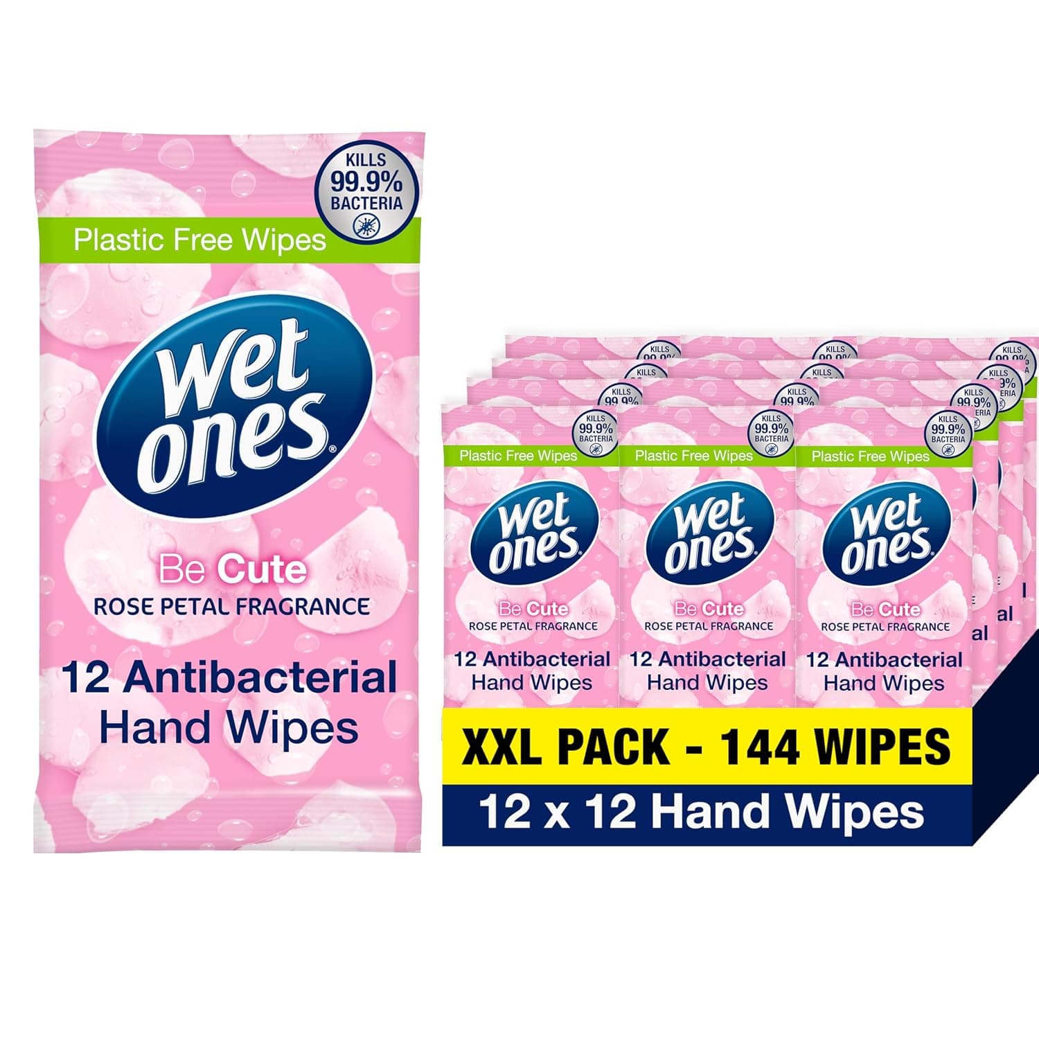 Wet Ones – Be Cute – Plastic Free Antibacterial Pocket Size Hand Wipes - 144 wipes – 12 packs x 12 wipes