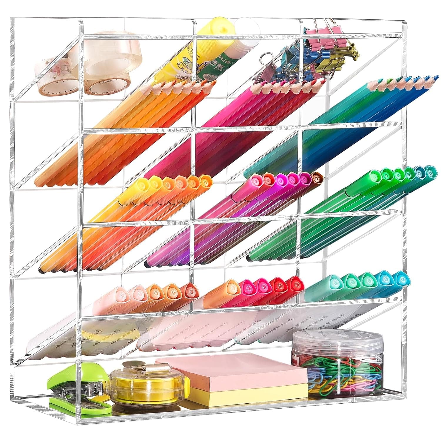 BEYGORM Acrylic Vertical Marker Organizer,Angled Pen Holders Desktop Organization,Clear Large Stationary Crayon Pencil Holder for Desk,Art Supply Storage Organizers for School Office Craft Supplie