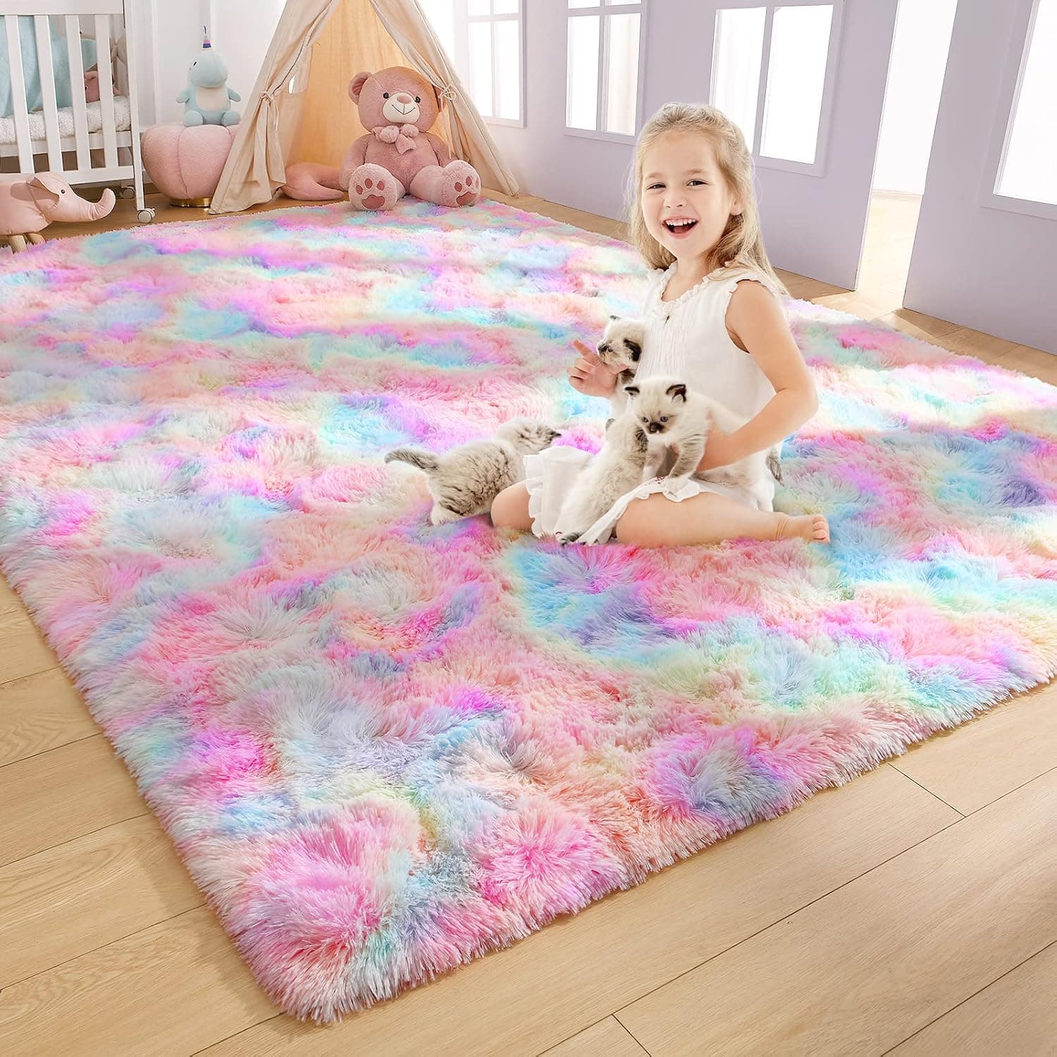 AROGAN Fluffy 5x8 Rainbow Area Rugs for Kids Bedroom Living Room, Pink