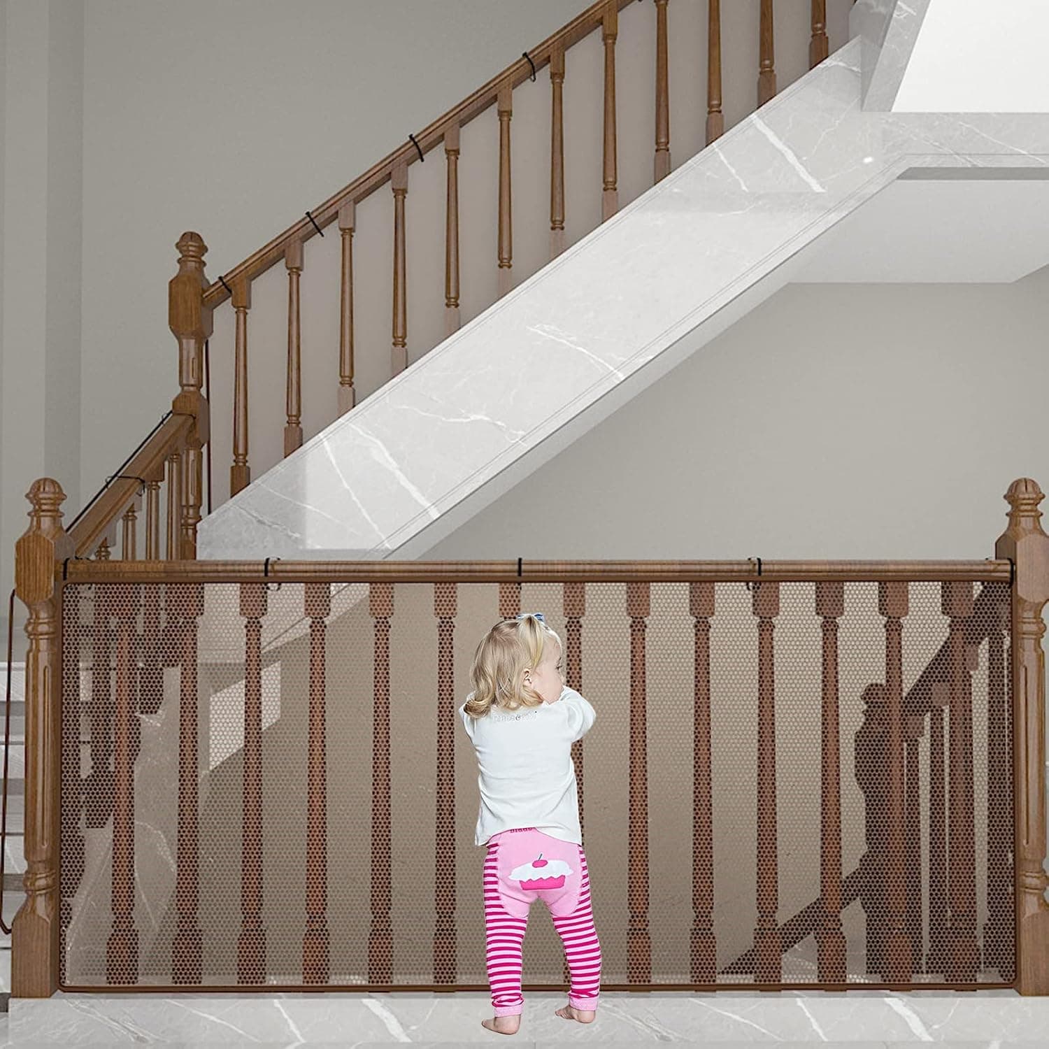 Stairway Net, Baby Gate for Stairs with No Drilling, Baby Safety Stair Rail Net, 10 ft L x 2.66 ft H, Baby Safety Nets Balcony Banister Stair Nets for Child, Small Pet,Toy - Indoor & Outdoor - Brown