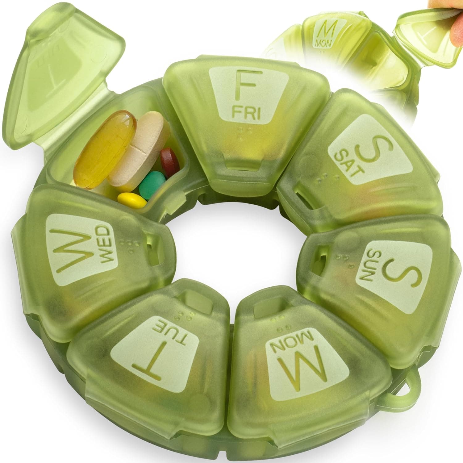 Round Weekly Pill Organizer, Soft-Touch Silicone, Cute Travel Pill Case | with 7 Large Compartments, Pill Cases Organizers 7 Day with Large Letters and Braille for Vitamins & Supplements (Olive)