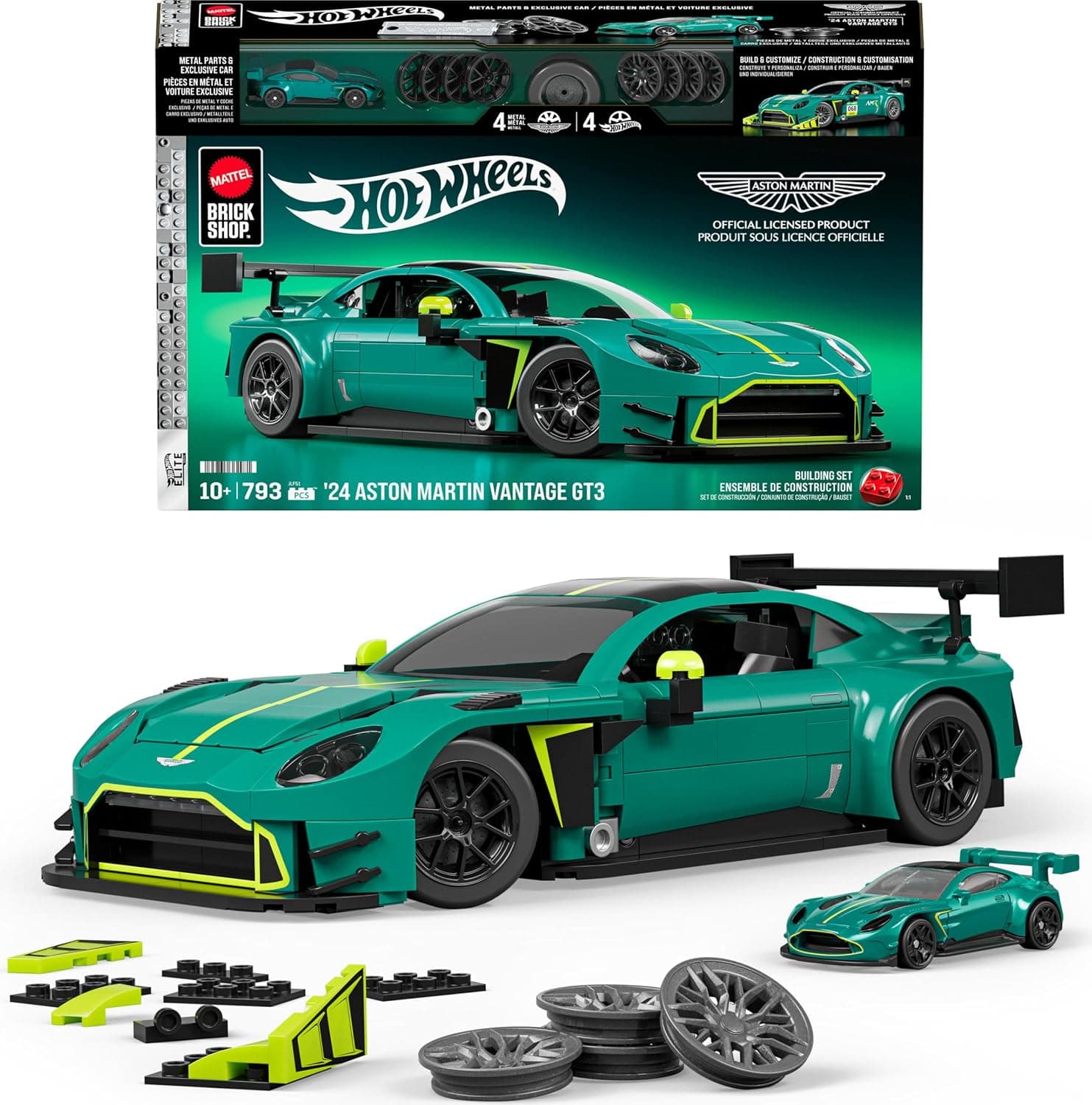 Hot Wheels Aston Martin Vantage GT3 24 Mattel Brick Shop Elite Series Construction Set, with 793 Pieces, Adult and Kids Collectors from 10 Years, JLF51