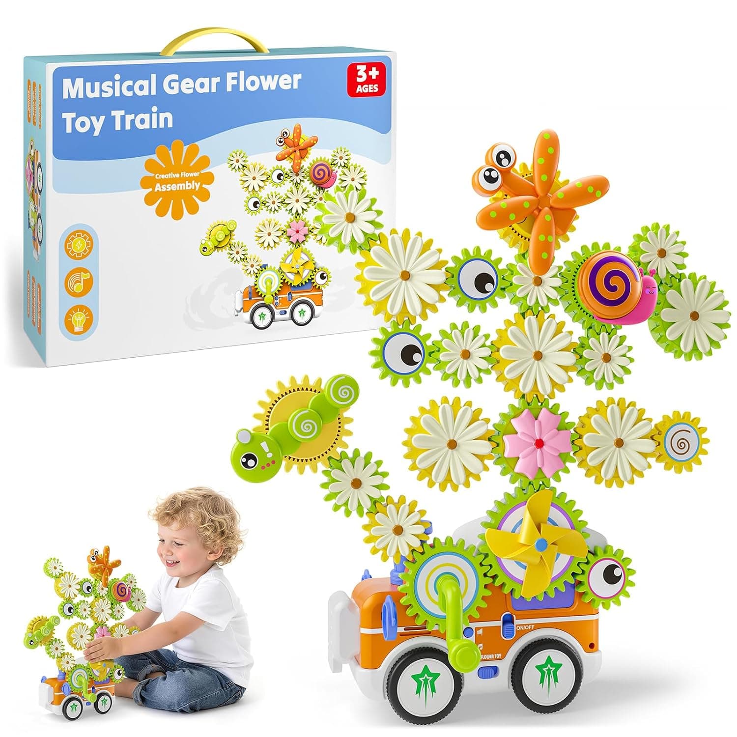 Gears Building Toys for Kids Ages 3+, STEM Construction Set for Toddlers, Train and Flower Models with Electric & Manual Modes, Lights and Music, DIY Educational Learning Toys Gift for Boys and Girls