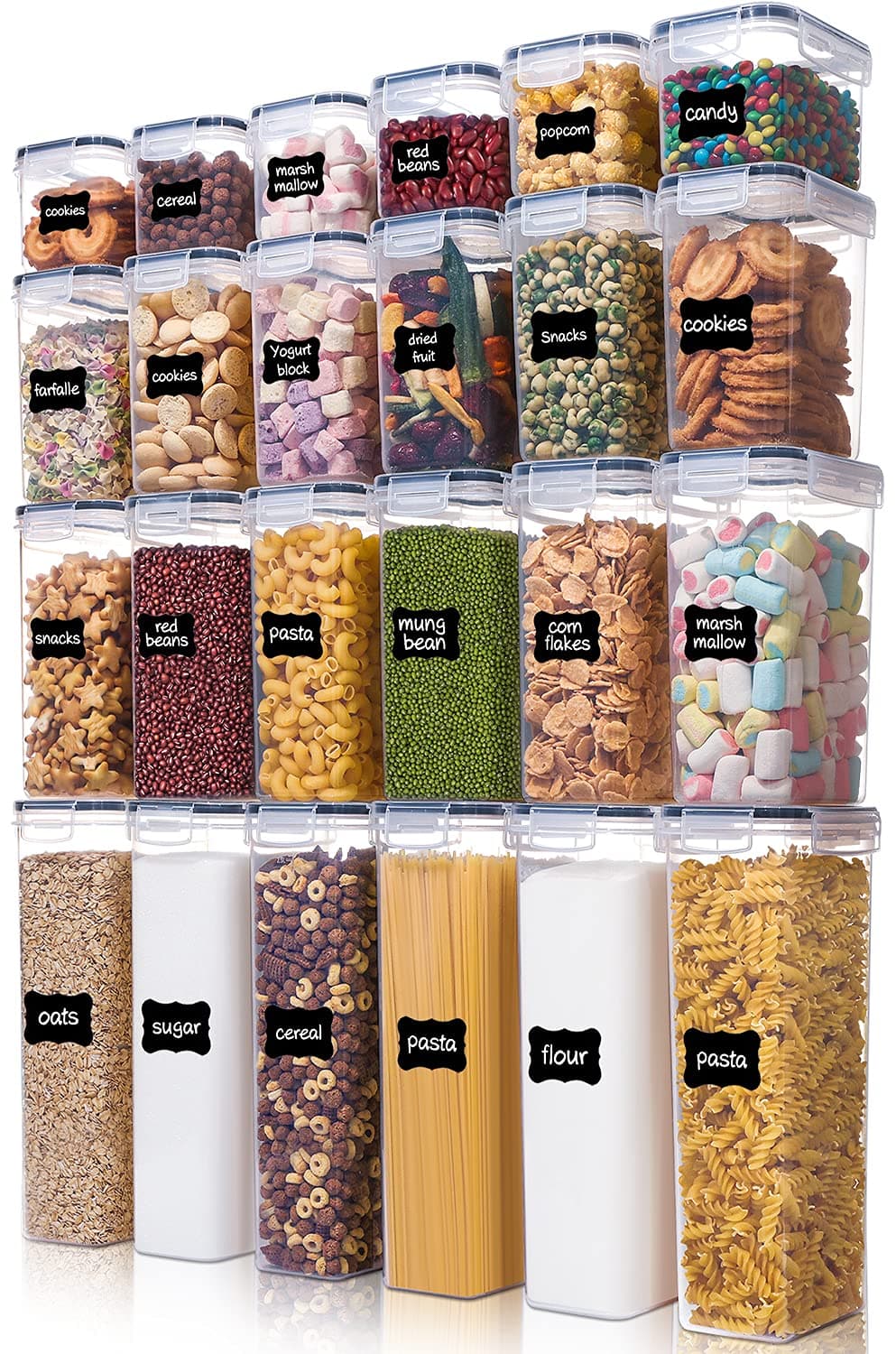 Vtopmart 24pcs Airtight Food Storage Containers with Lids, Plastic Kitchen and Pantry Organization Canisters for Cereal, Dry Food, Flour and Sugar, BPA Free, Includes 24 Labels,Black