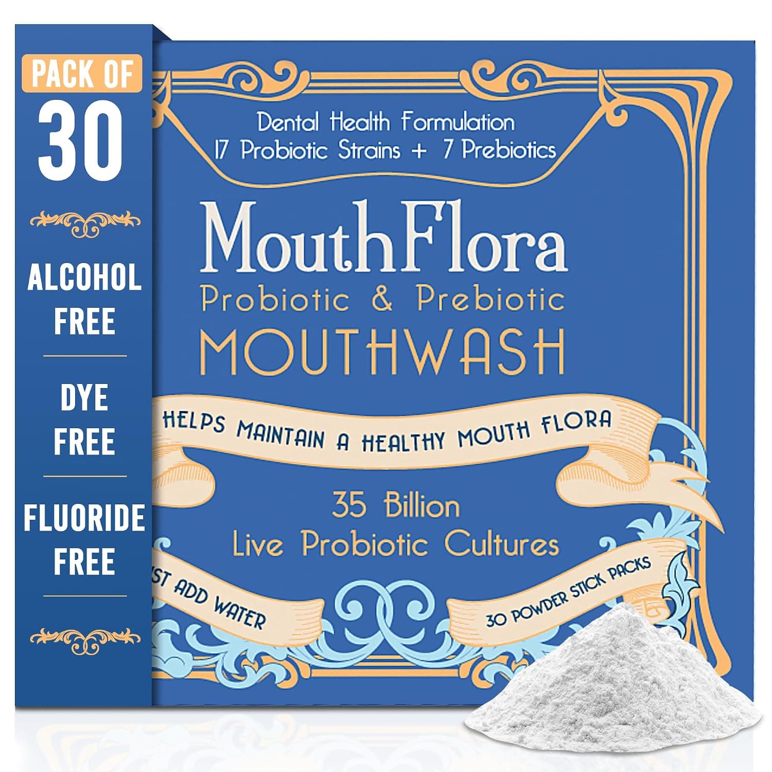 Probiotic & Prebiotic Mouthwash | Dental Health Formulation | 17 Probiotic Strains + 6 Prebiotics | 35 Billion CFUs | Concentrated Powder Formulation | 30 Pack | Gentle, Soothing, pH Balancing, Promotes Fresh Breath & Gum Health