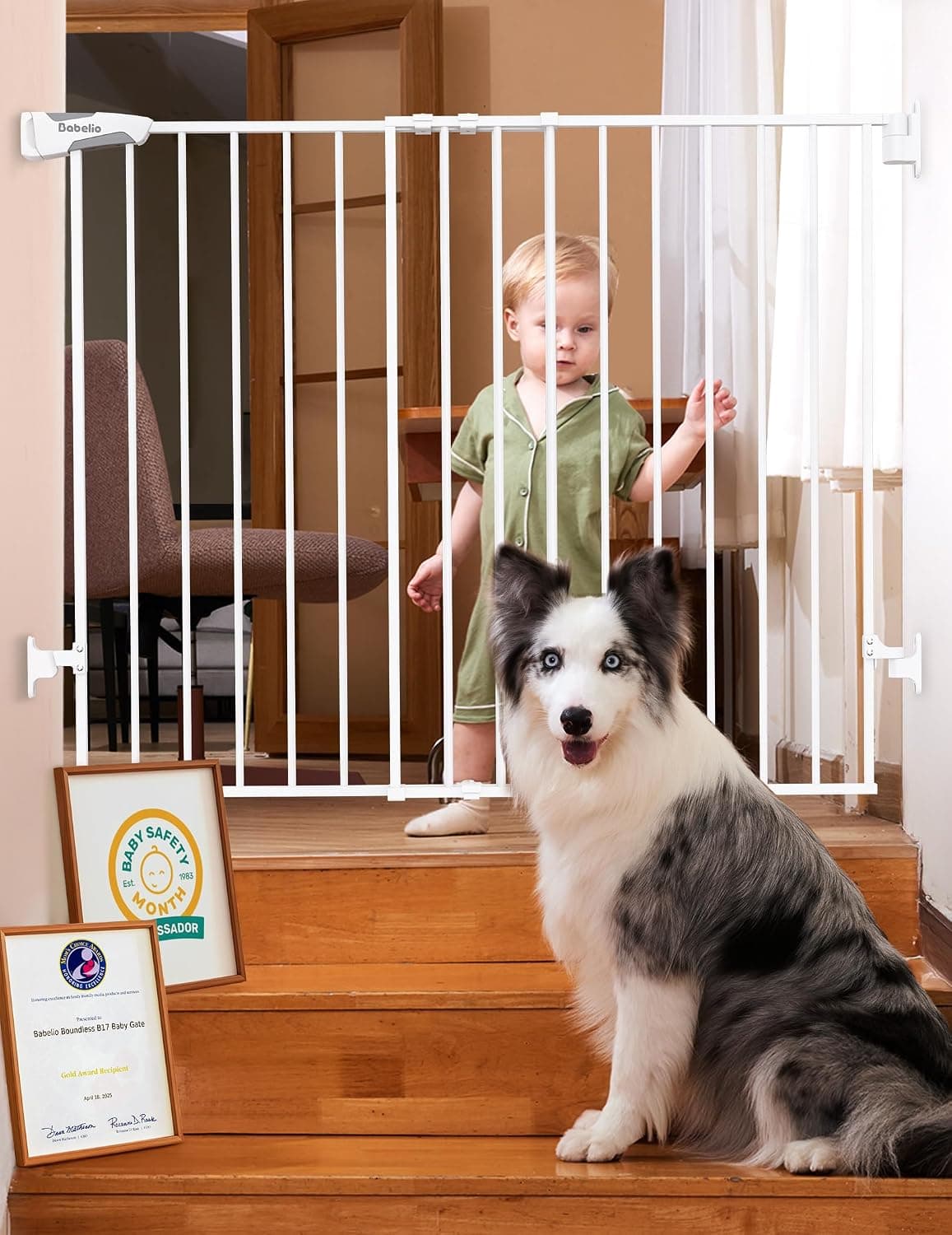 BABELIO 29-49 Inch Extra Wide Baby/Dog Gate, Metal Auto Close, Pressure Mounted Pet Door for Doorways, NO Need Tools and Drilling, with Wall Cups, 36" Tall, White-AM17