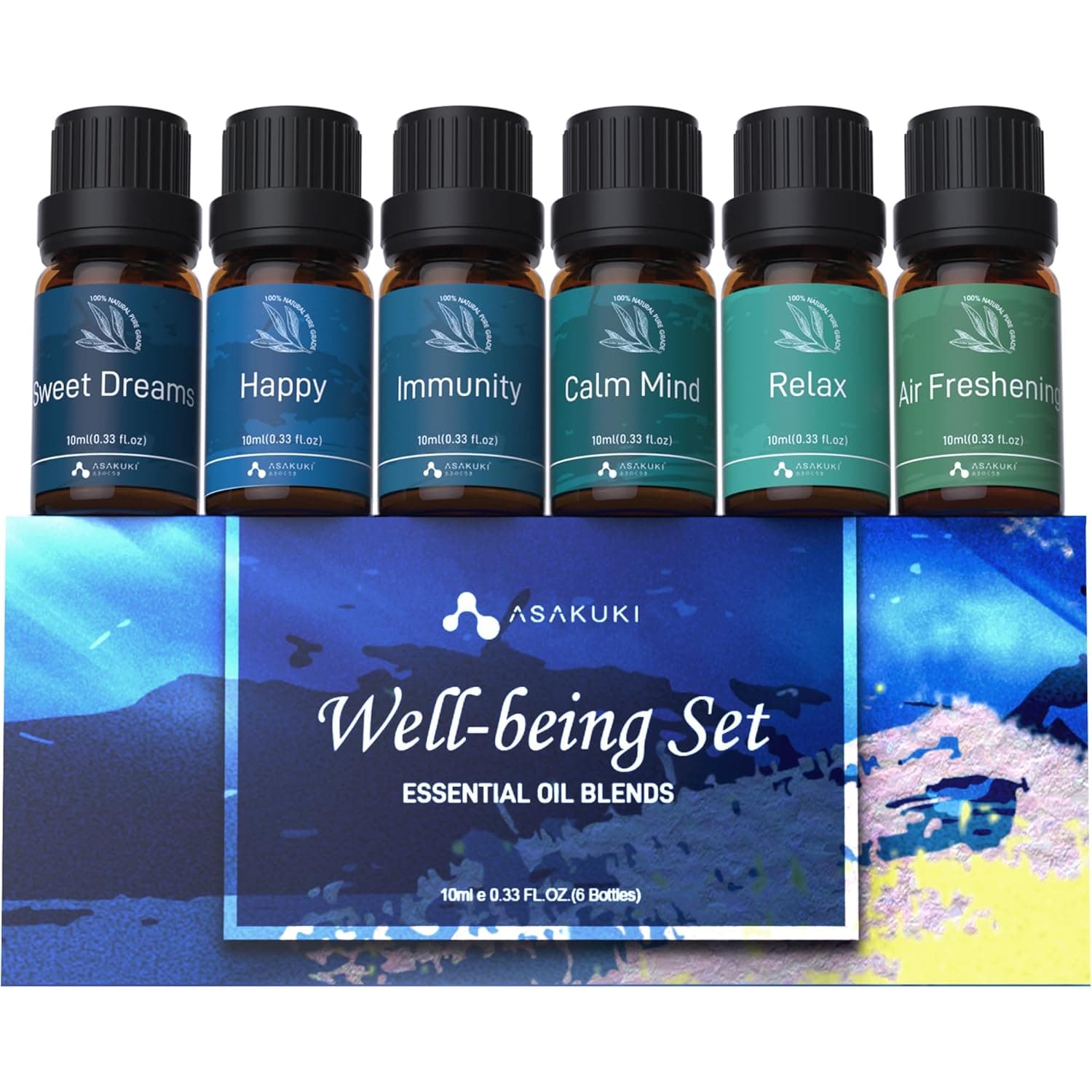 ASAKUKI Essential Oil Blends Set for Diffusers for Home, Well-Being Gift Kit- Calming, Dreams, Breathe, Relaxing, Mood, Fresh Air Aromatherapy Oils for Humidifiers, Massage, 6x10ml