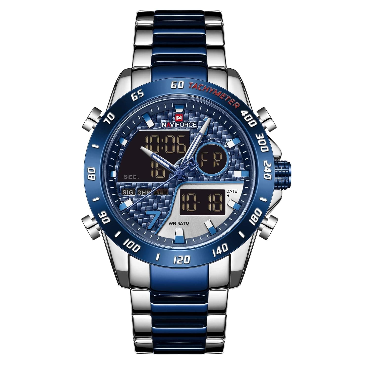 NAVIFORCE Dual Color Analog Digital Stainless Steel Strap Watch for Men 9171 (Silver Blue)