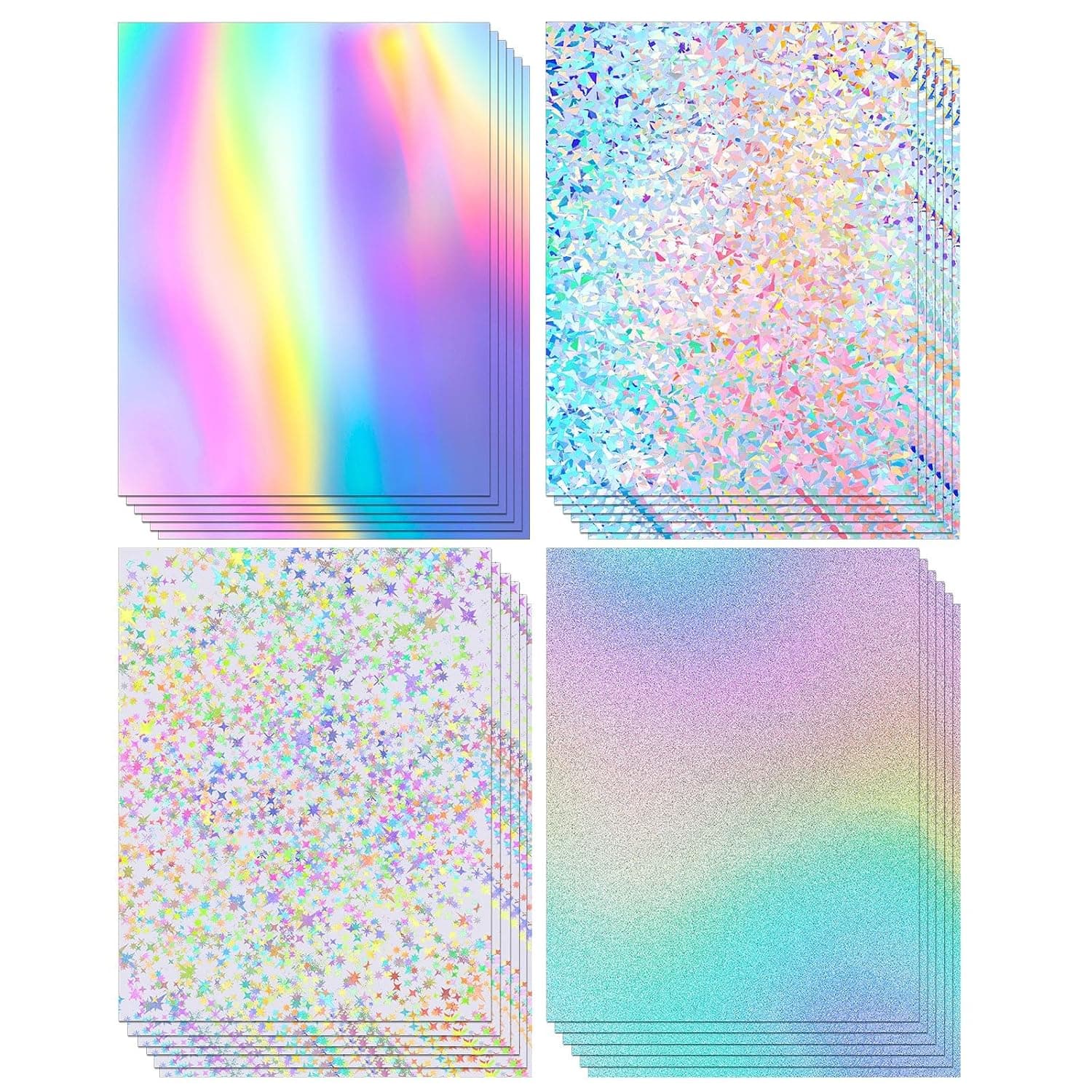 24 Sheets Holographic Cardstock 8.5 x 11 In, 250Gsm, 4 Designs | Single-Sided Metallic Finish, White Back for Writing, Thick Smooth Sheets for Crafts, Cards, Scrapbook, Party Decor