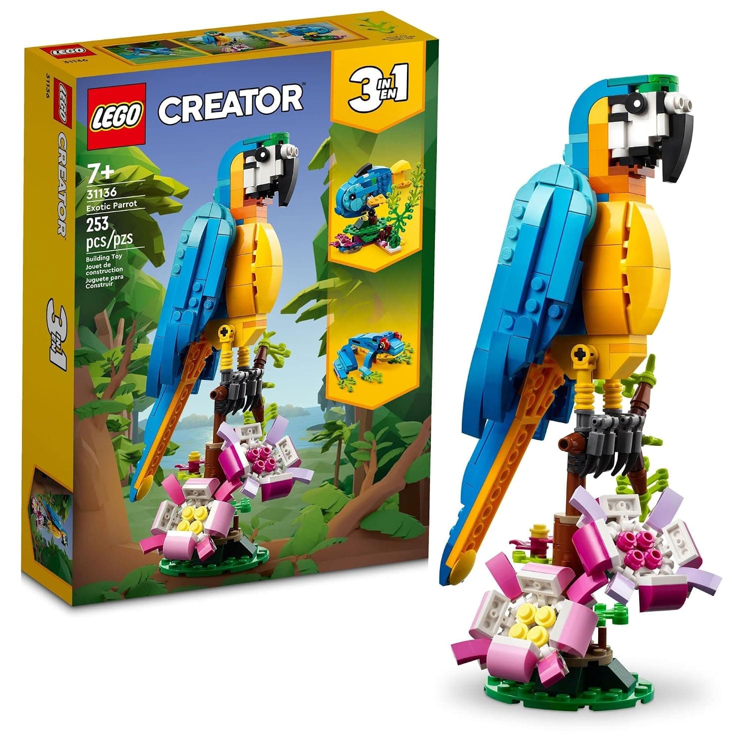 LEGO Creator 3 in 1 Exotic Parrot to Frog to Fish 31136 Animal Figures Building Toy, Creative Toys for Kids Ages 7 and Up