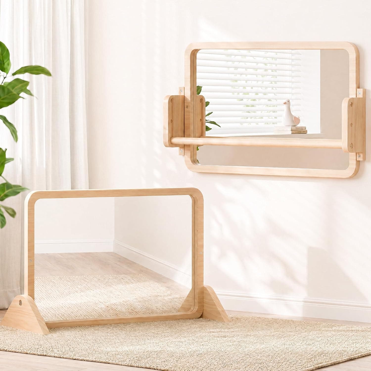 Woodtoe 3-in-1 Montessori Mirror with Bar, Adjustable Toddler Mirror & Pull Up Bar, Montessori Learning Toy for Baby 6-18 Months, Nursery Mirrors, Natural Wood Furniture for Daycare, Kids Classroom | Toddler Mirror & Pull Up Bar, Montessori Learning Toy for Baby 6-18 Months, Nursery Mirrors, Natural Wood Kids Furniture