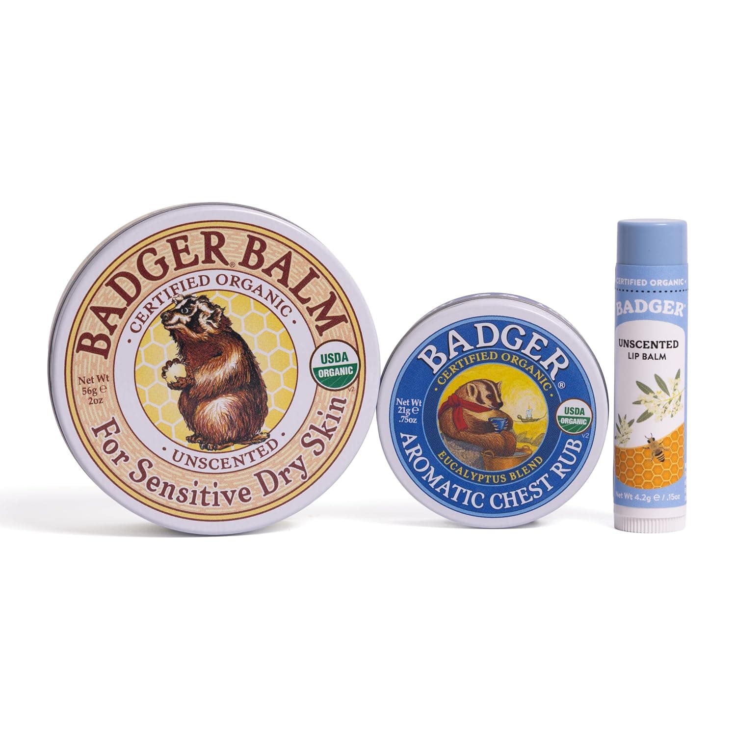 Badger Mini Sleep Balm (21g), Unscented Hands Balm (56g) & Unscented Lip Balm (4.2g) | Natural Sleep Aid | Gentle Hand Moisturiser | Organic Lip Care Stick| Cruelty & Gluten-Free