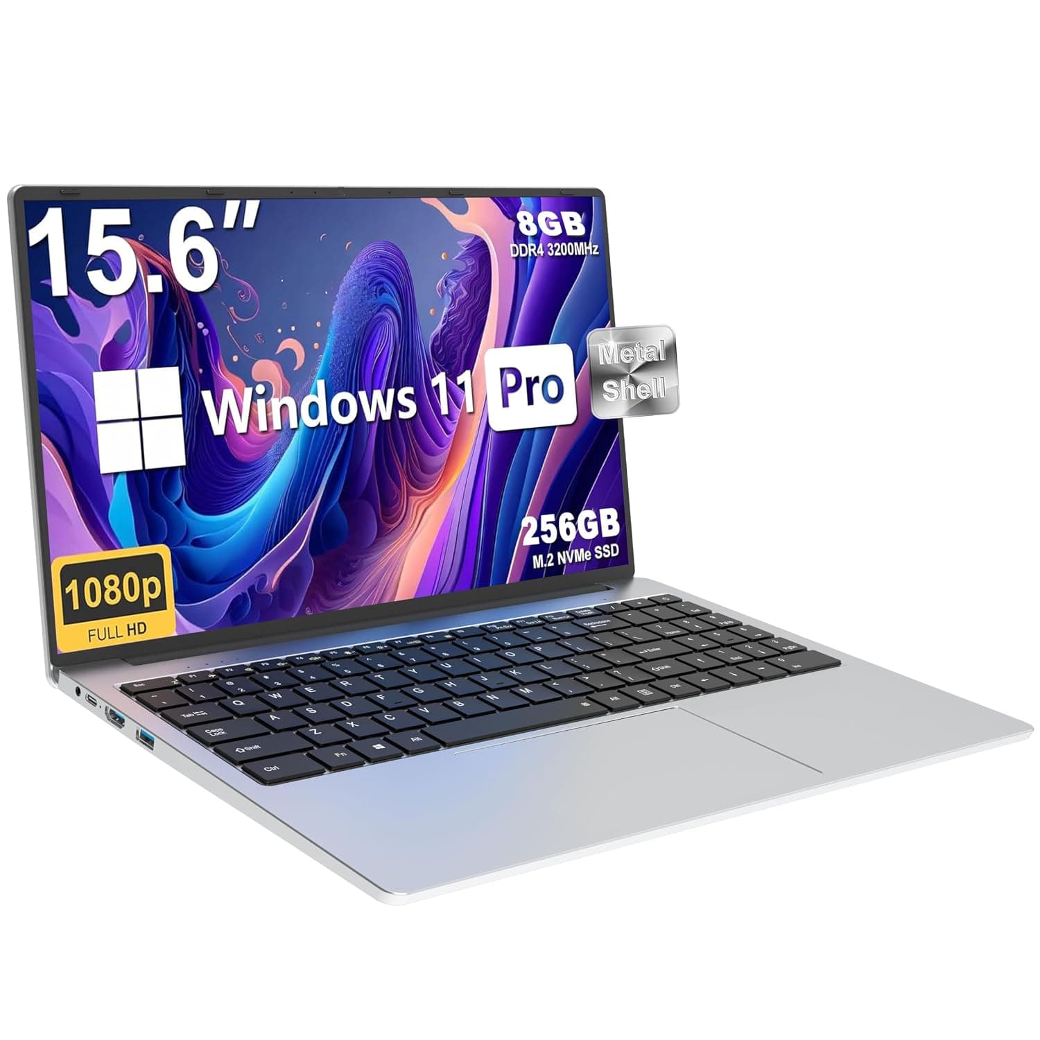 Laptop with 15.6-inch FHD IPS Display, Lightweight Metal Body with English/Arabic Support, Windows 11 Pro Support Face ID, Intel N5095, 8GB RAM + 256GB NVMe SSD, BT5.1, WiFi, HDMI, Type-C,Silver