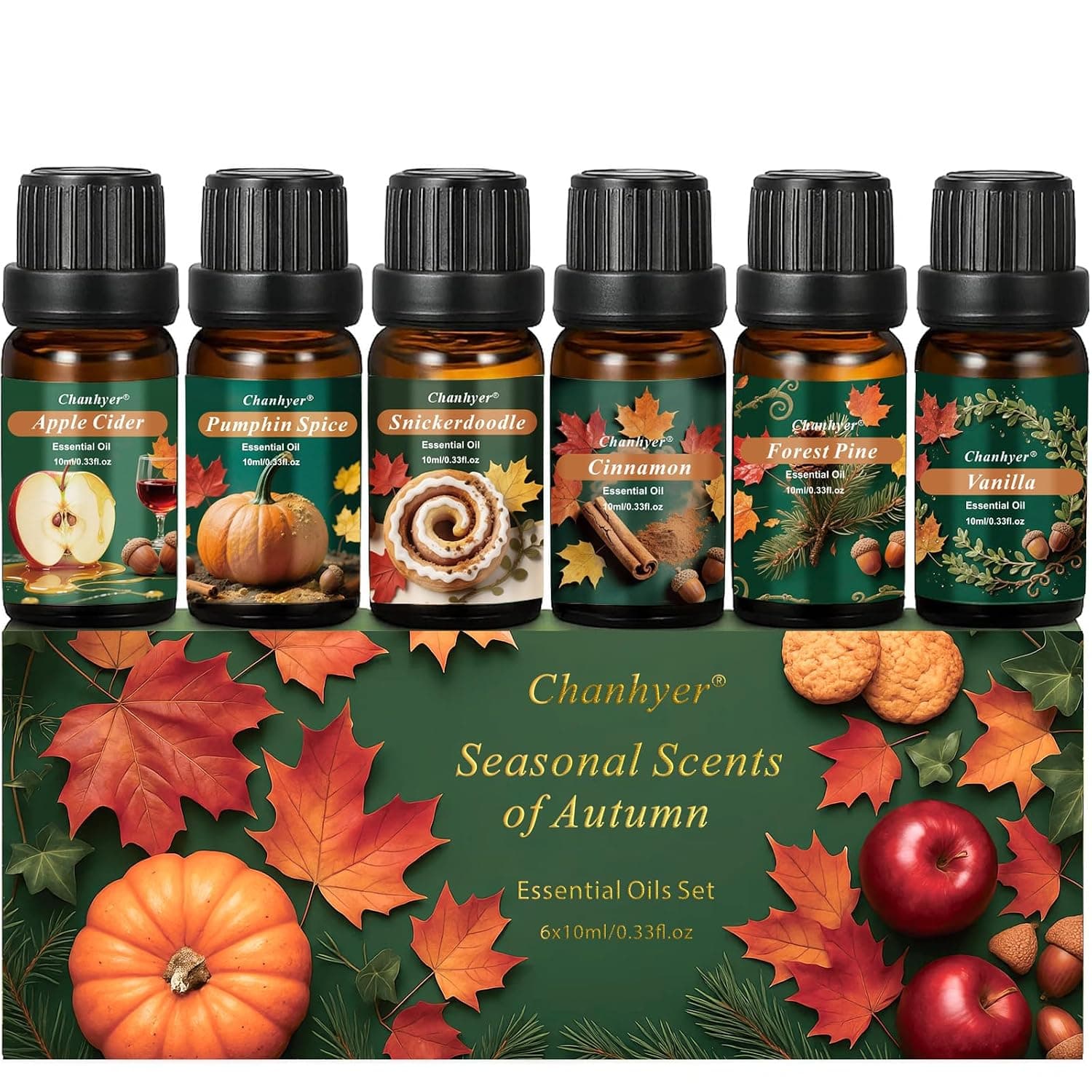 Autumn Fall Essential Oils Set for Diffusers for Home 6 x 10 ml | Aromatherapy Gift,Premium Scented Oils for Diffusers - Pumpkin Spice,Apple Cider,Snickerdoodle,Vanilla,Cinnamon & Pine