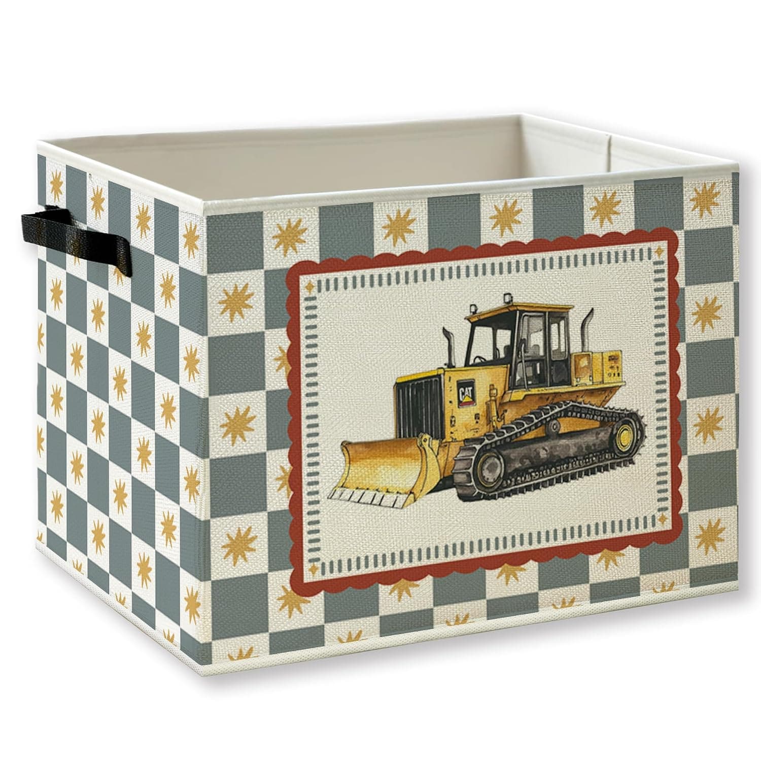Construction Truck Boy Nursery Storage Basket with Handles | Front Loader Dozer Car Whimsical Blue Checkered Collapsible Fabric Storage Bin Organizer for Kids Room Bedroom Clothes Books