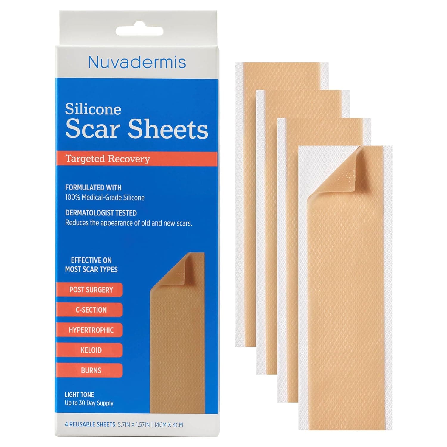 NUVADERMIS Silicone Scar Sheets - Dermatologically Tested in USA - As Surgical Cream, Gel, Tape, Strips, Patches - Keloid, C-Section, Tummy Tuck - Surgery Scars Removal Treatment - 4 Pack 5.7"x1.57"