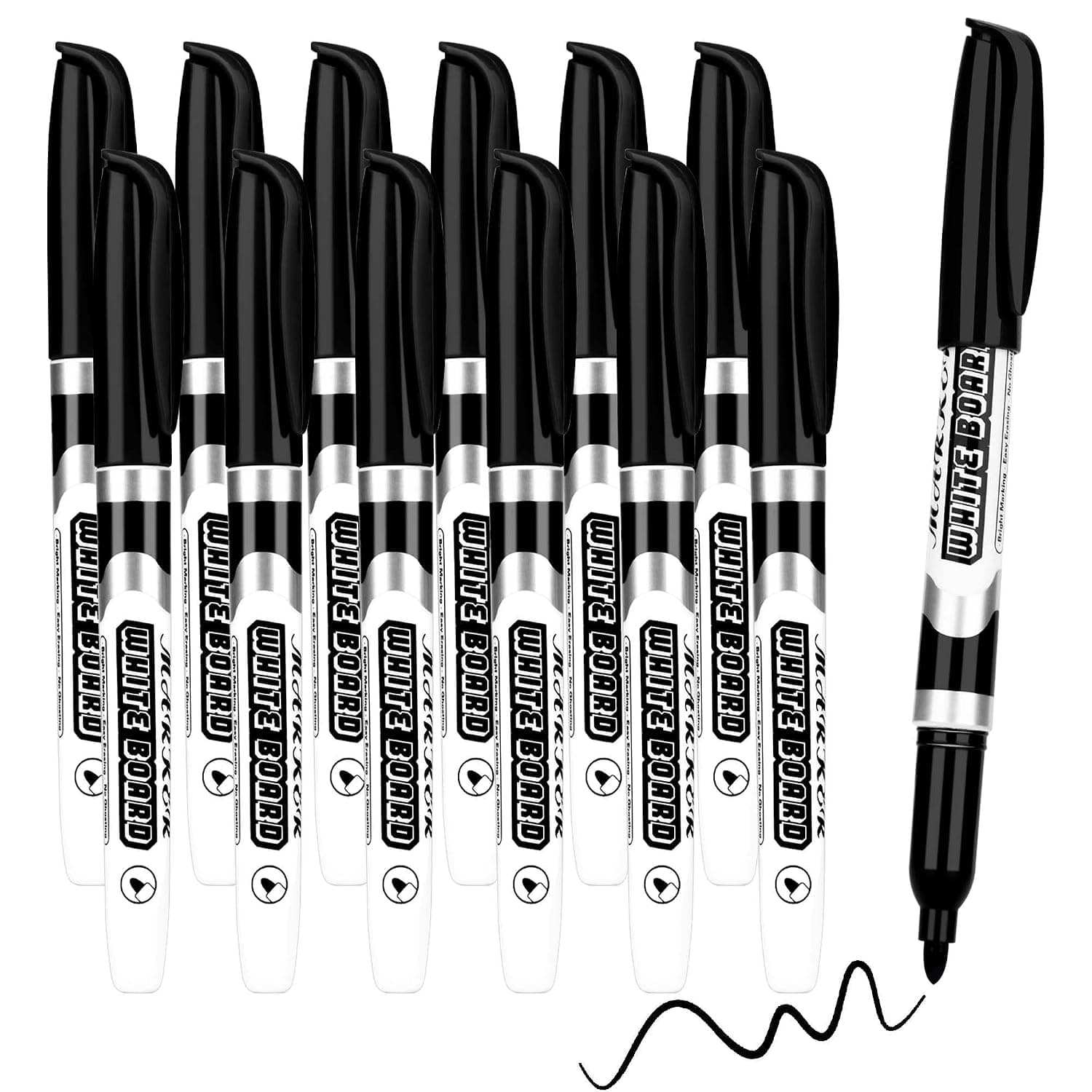 Whiteboard Markers Set for Office and School Use 12 Pack Black Dry Erase Pens with Fine Tip Low Odor Erasable Ink Writing Pens Compatible with Whiteboards Glass and Non-Porous Surfaces