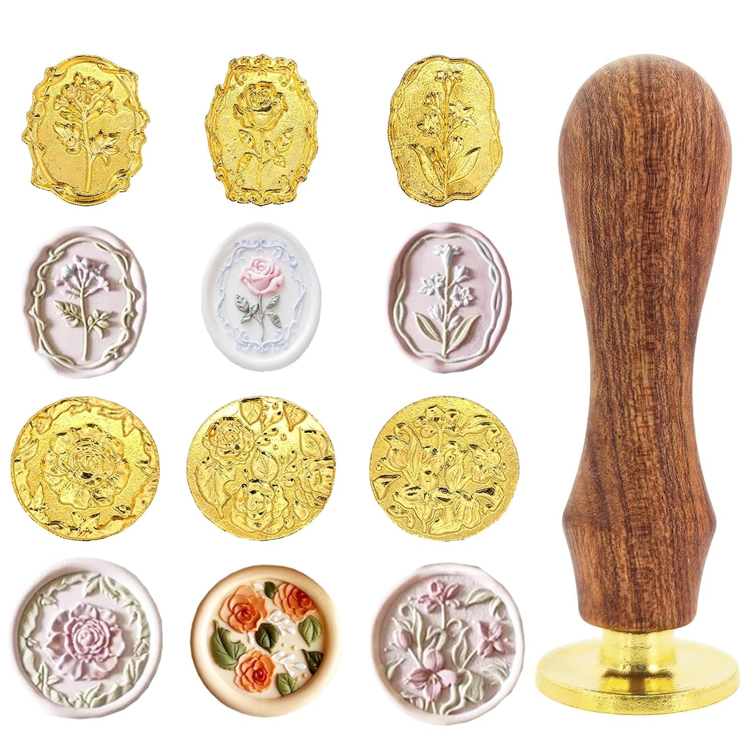 6Pcs Flower Wax Seal Stamp Kit Retro Tulip Rose Flowers Sealing Wax Stamp Seal Kit With Handle Round Oval Brass Head Floral Waxs Stamps Set For Wedding Invitation Card Gift Wrapping Scrapbook Supplies