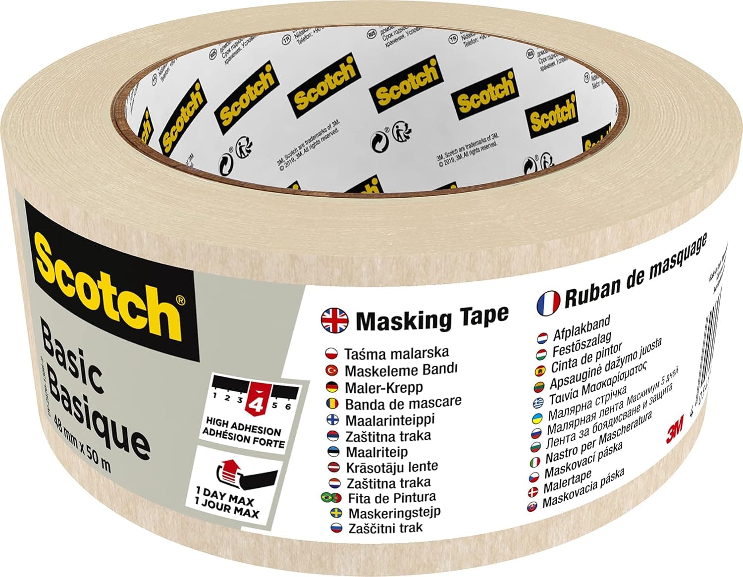 Scotch Basic Masking Tape 48mm x 50m | Beige color | Masking and Protection | Medium to High adhesion | For walls, metal, wood and more | Easy to Remove with no residue | 1 roll/pack